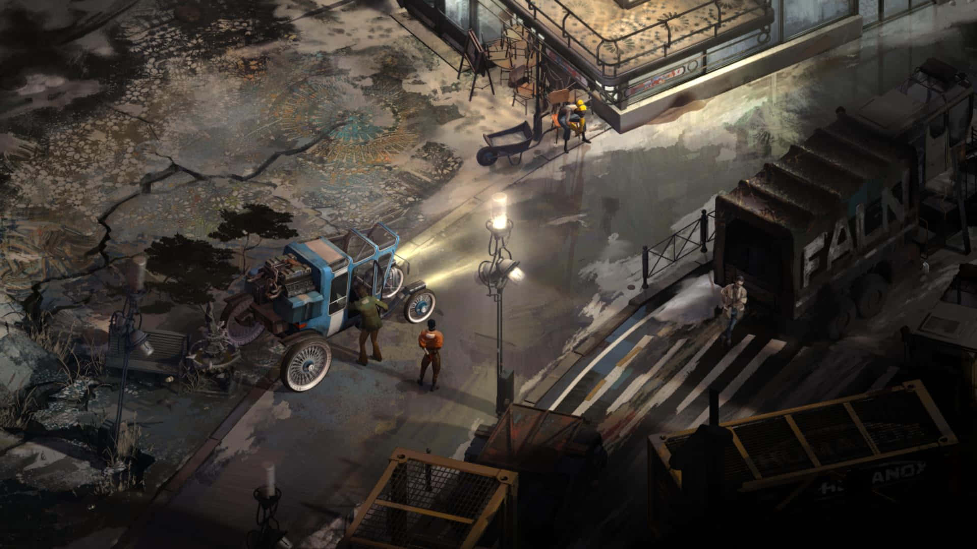 Disco Elysium, street scene, rain-slicked urban street, Full HD Desktop Wallpaper