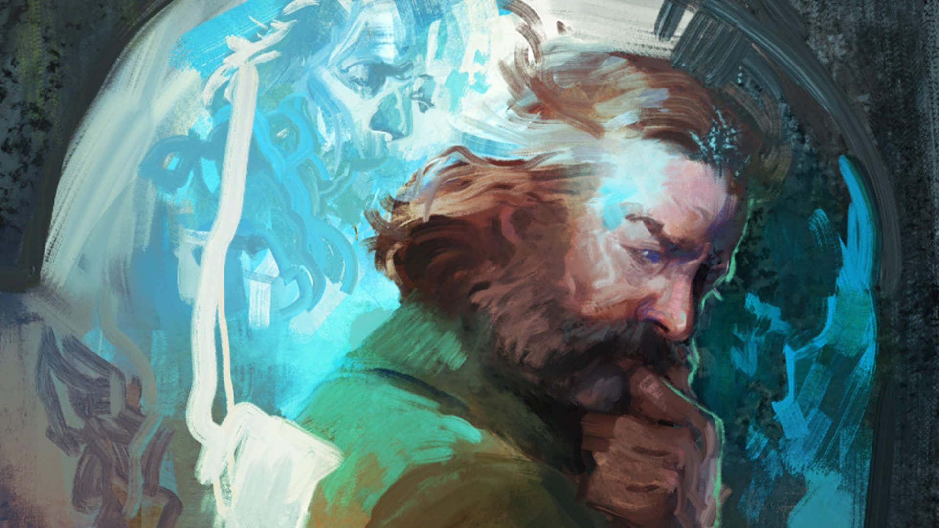 Disco Elysium, bearded man, ethereal blue ghostly figures, Full HD Desktop Wallpaper