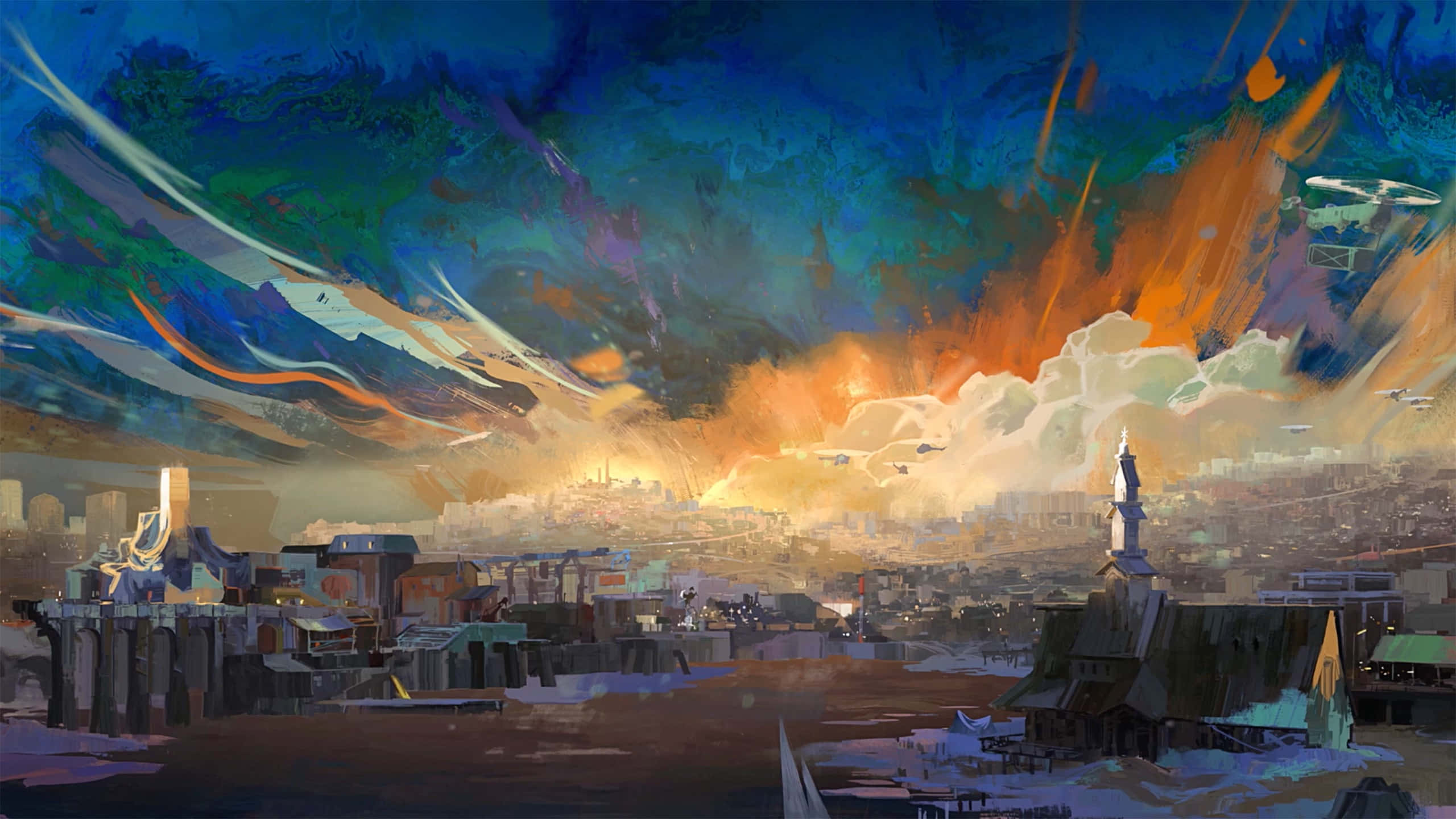 Disco Elysium, stormy sky, fiery orange clouds, 2K Desktop Wallpaper