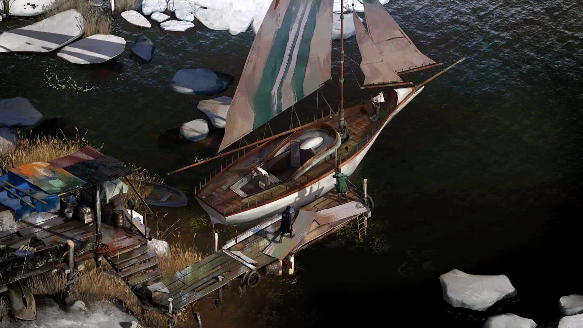 Disco Elysium, docked boat scene, rustic wooden dock, Full HD Desktop Wallpaper