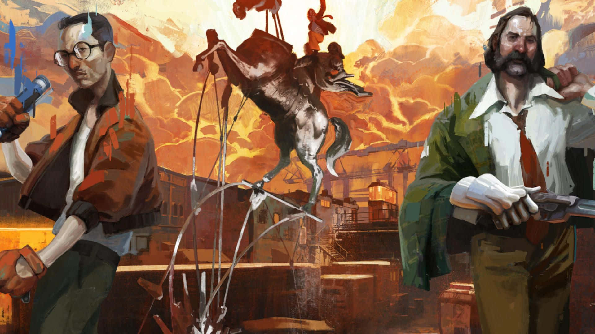 Disco Elysium, spectral horse, fiery urban ruin, Full HD Desktop Wallpaper
