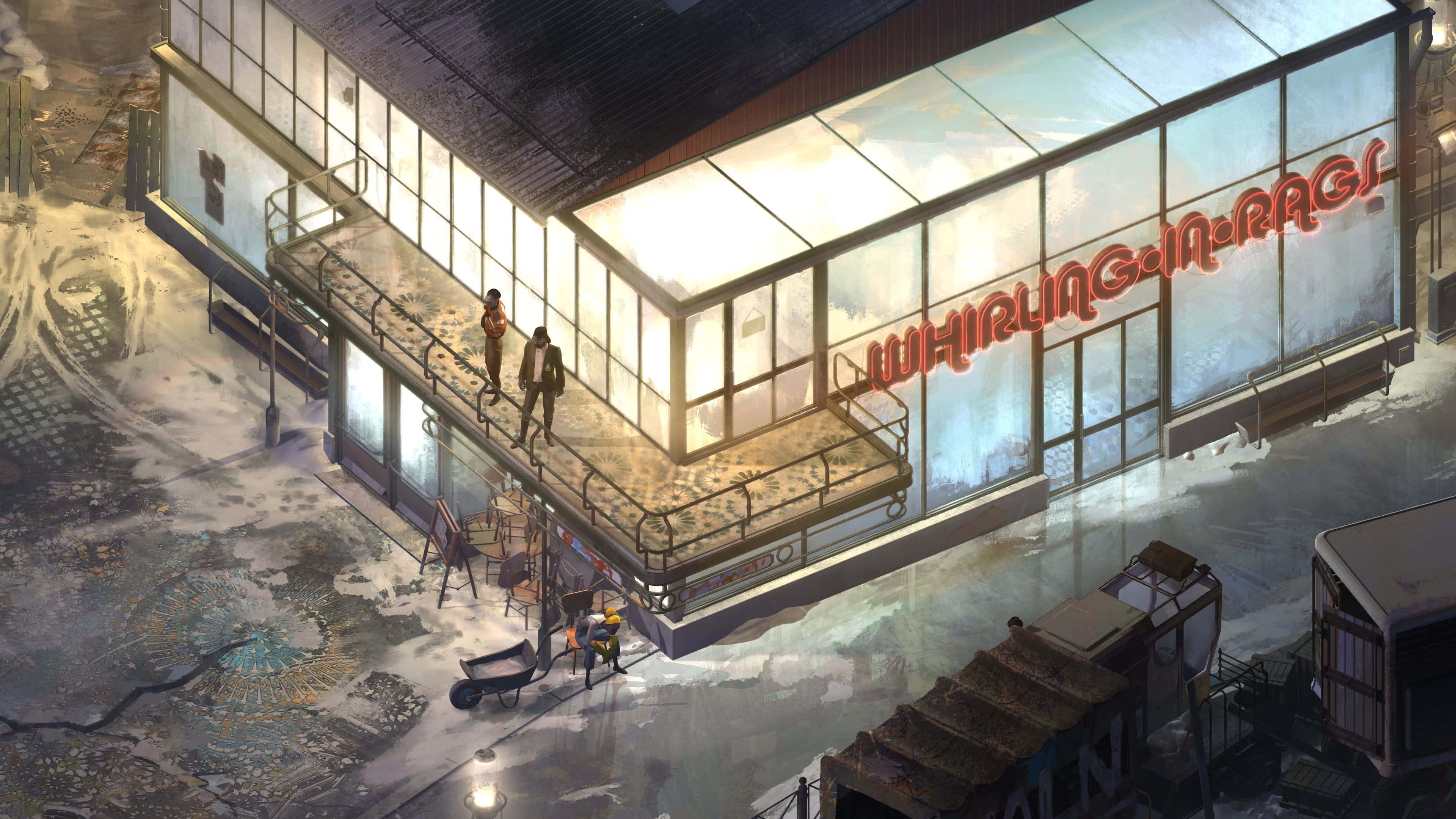 Disco Elysium, whirling in rags exterior, glass-walled building, 4K Desktop Wallpaper