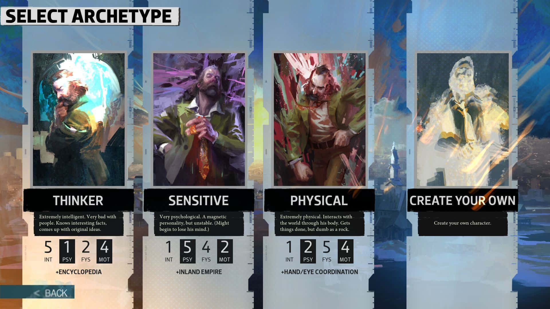 Disco Elysium, character archetypes, game menu, Full HD Desktop Wallpaper