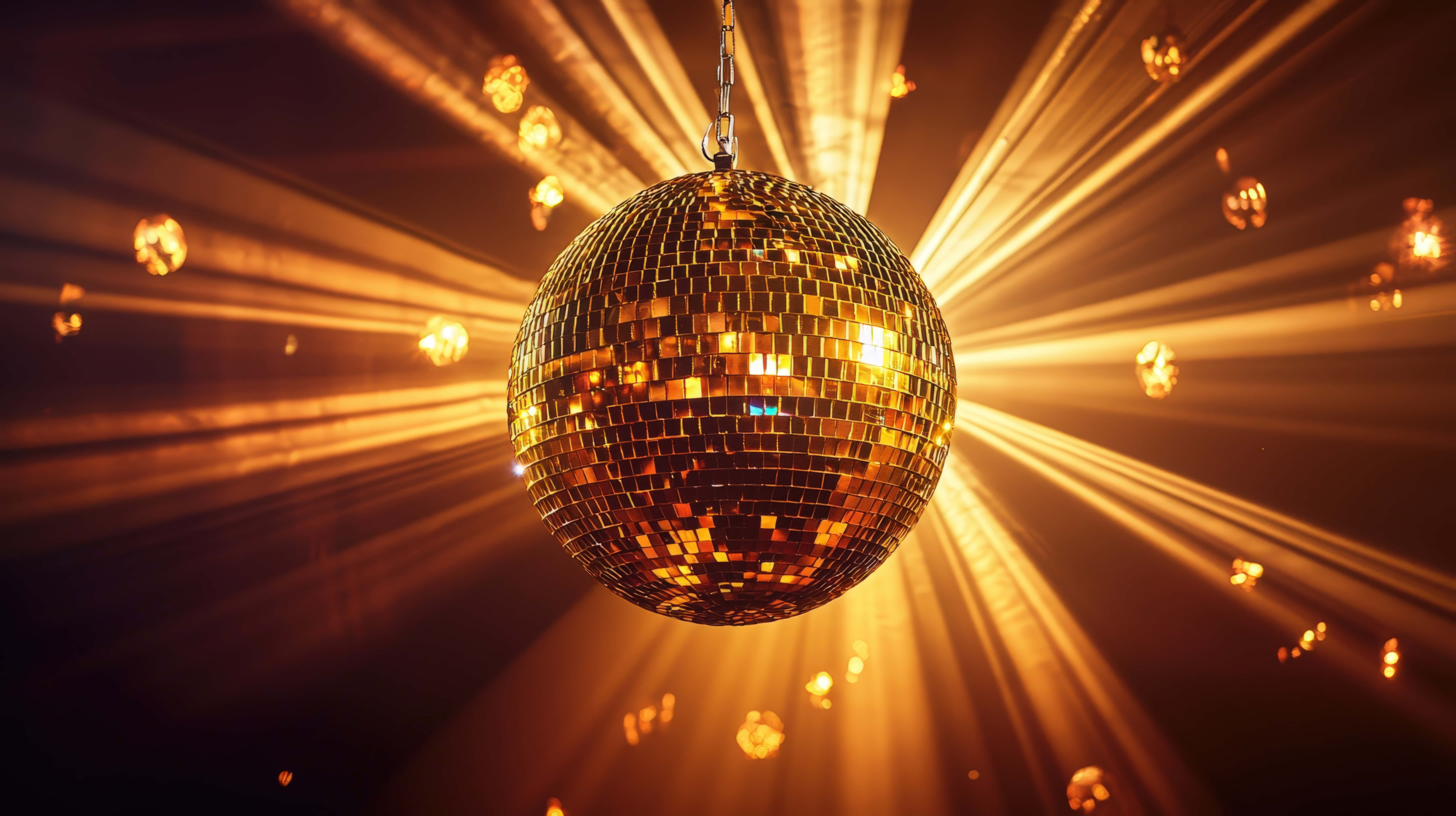 golden disco ball, bright light beams, dark room, 8K Desktop Wallpaper