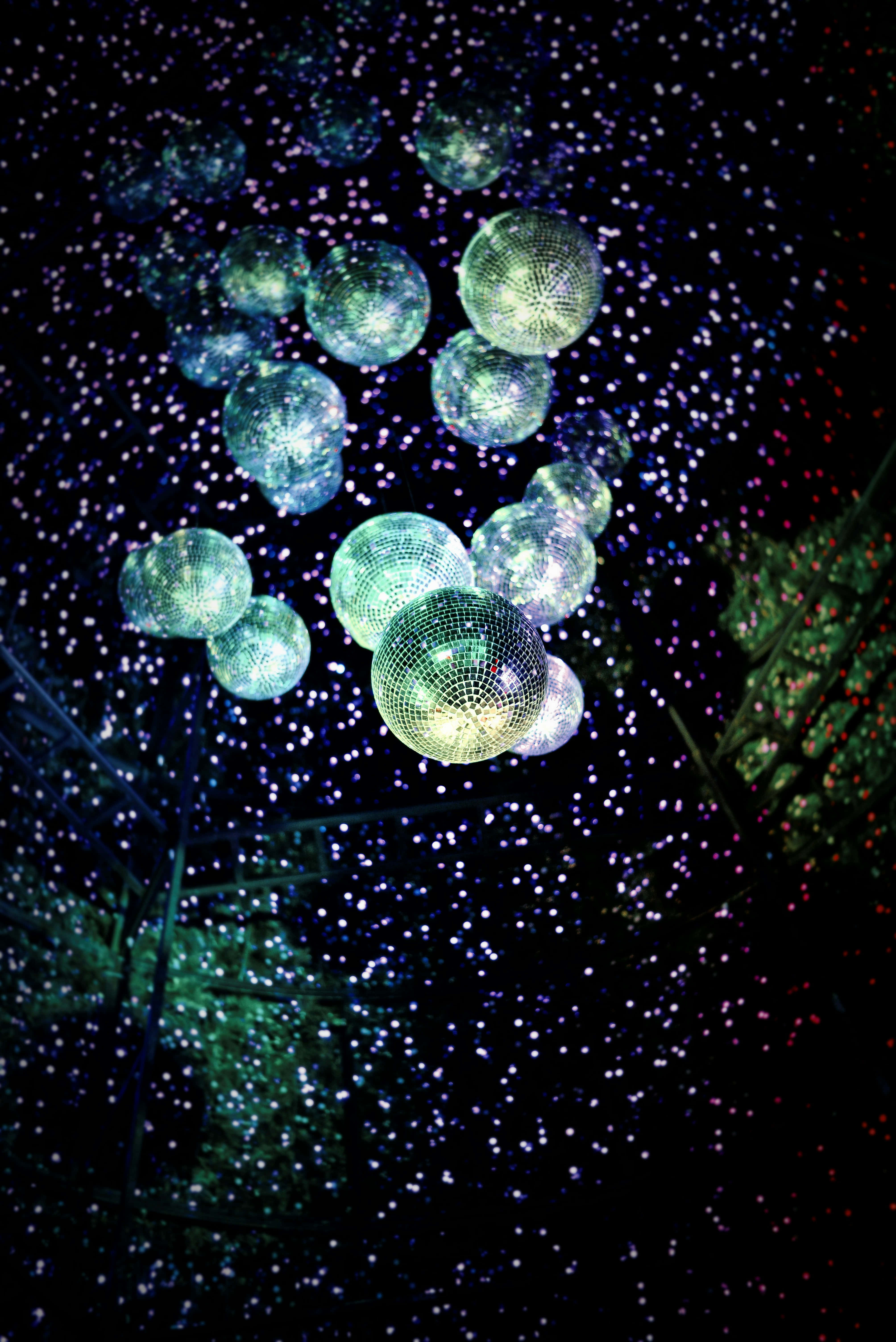 disco ball, sparkling lights, dark immersive installation, 5K Phone Wallpaper