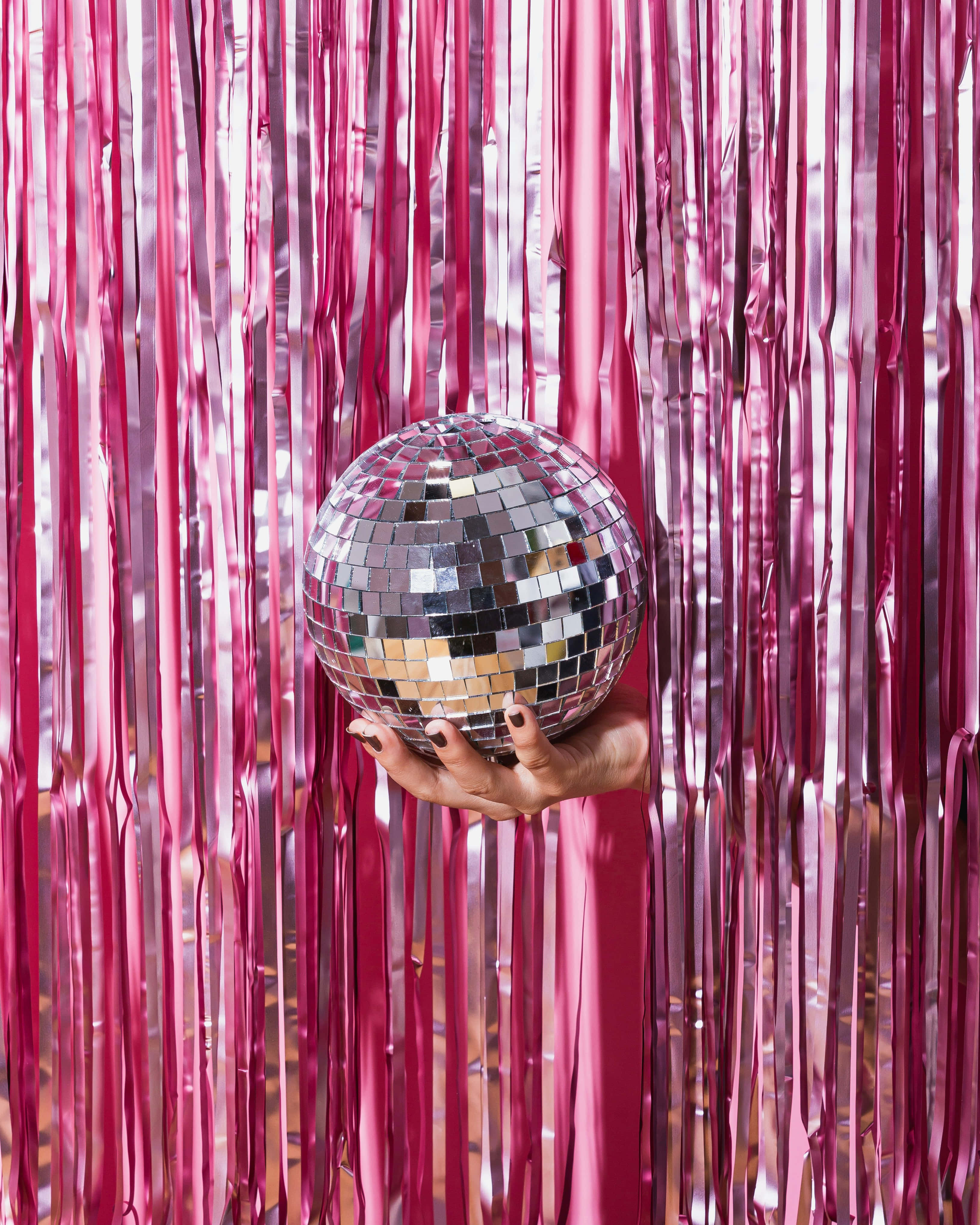 disco ball, pink metallic fringe, shimmering, 4K Phone Wallpaper