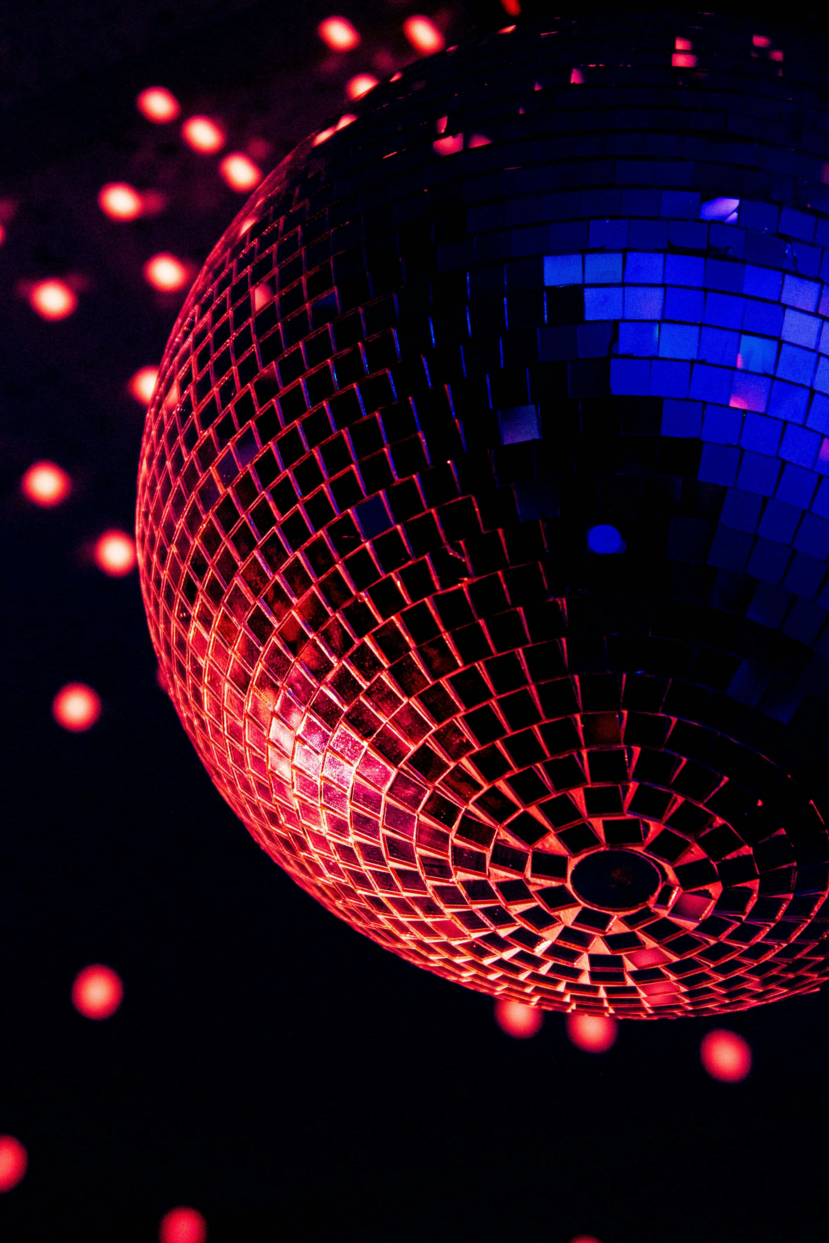 disco ball, red reflections, blue reflections, 4K Phone Wallpaper