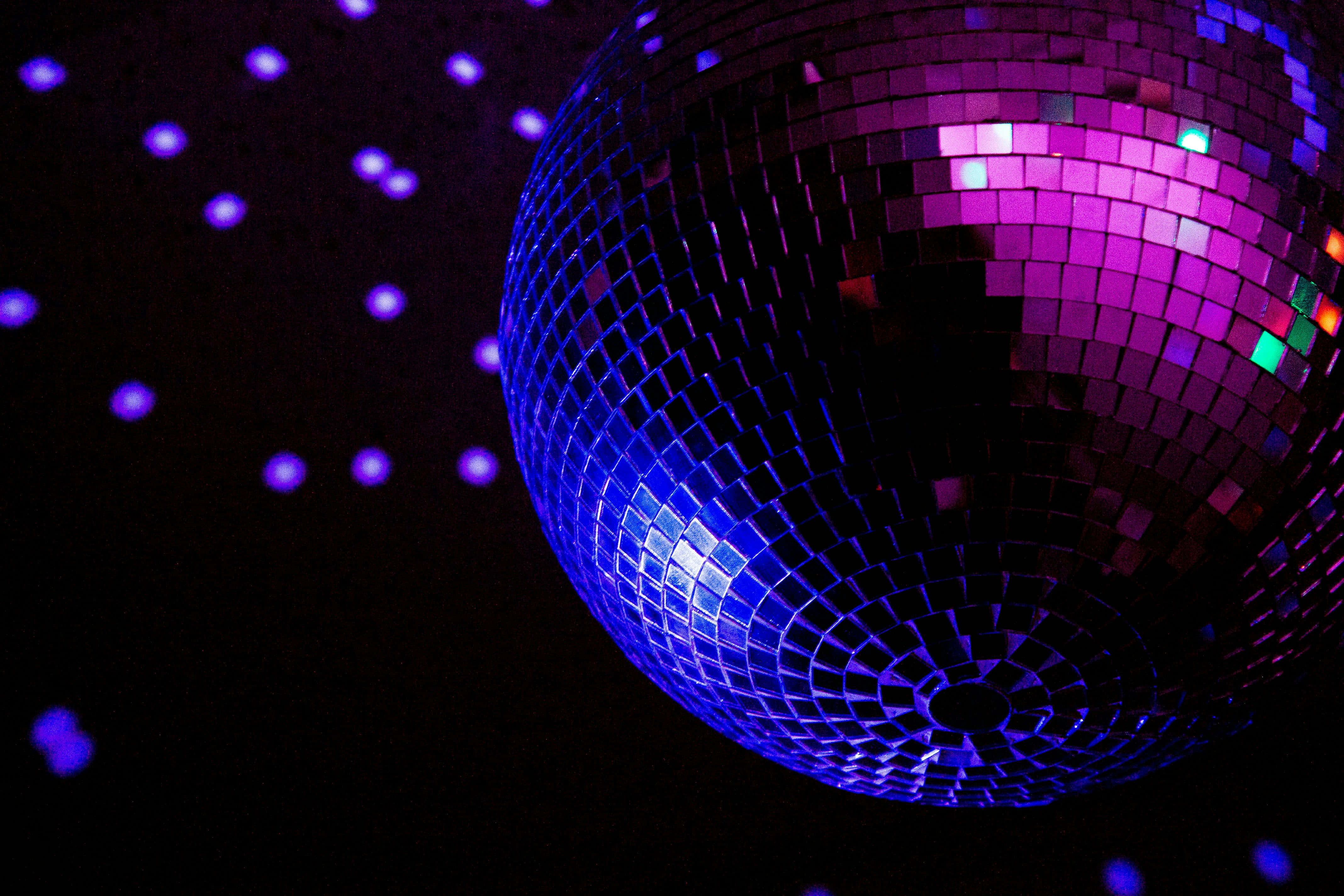 disco ball, vibrant purple, blue lights, 4K Desktop Wallpaper