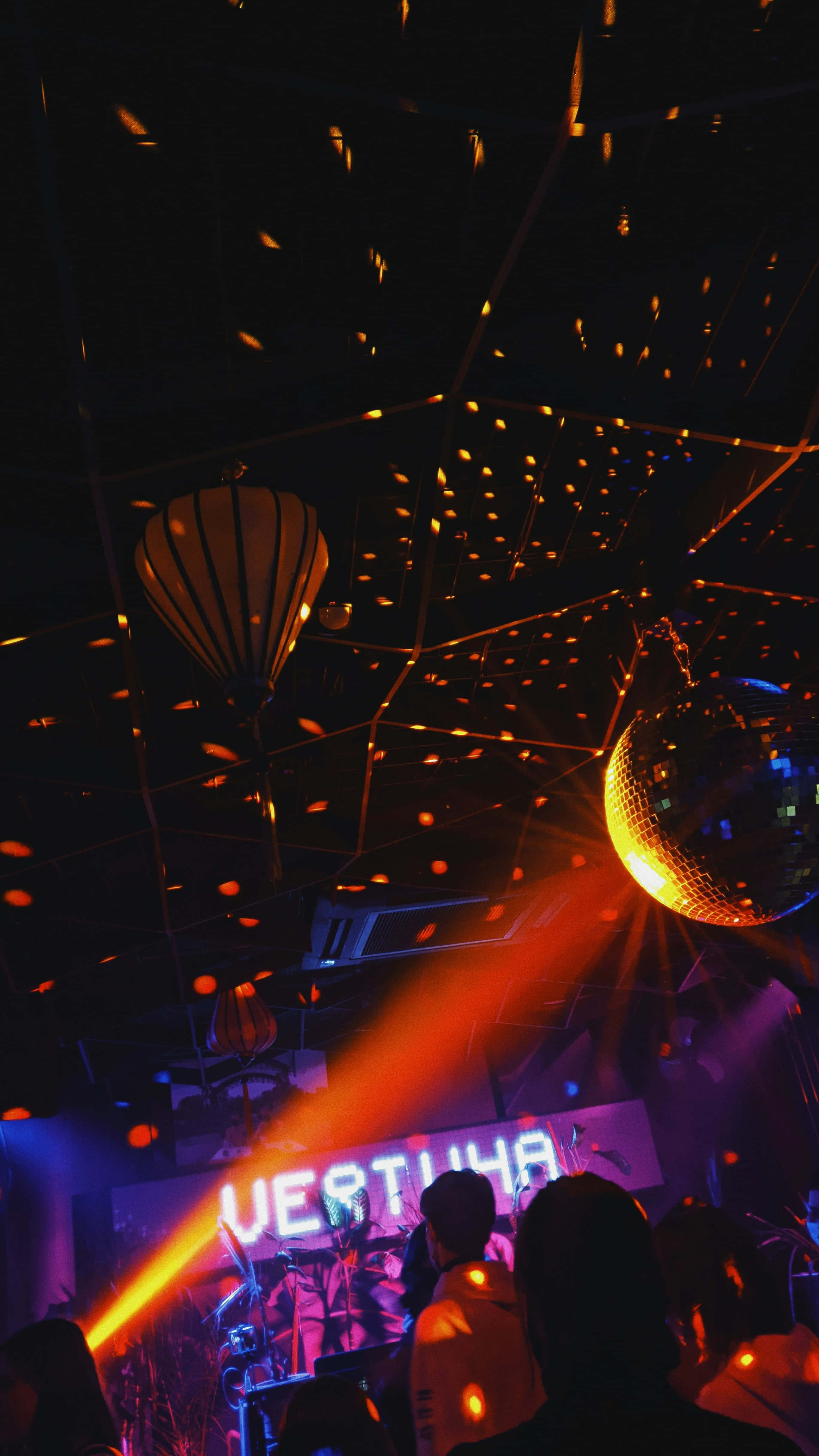 disco ball, orange laser beams, dark air, 4K Phone Wallpaper
