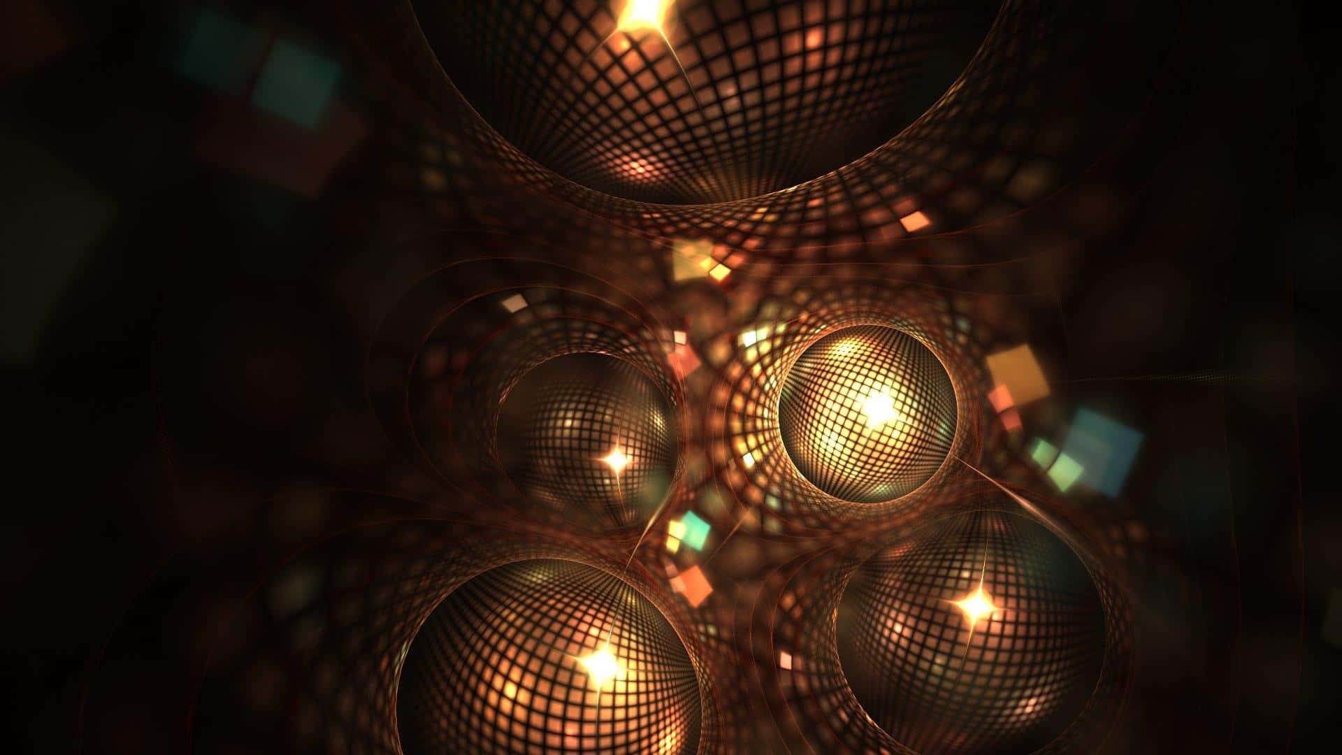 golden grid spheres, dark tunnel, geometric light, Full HD Desktop Wallpaper