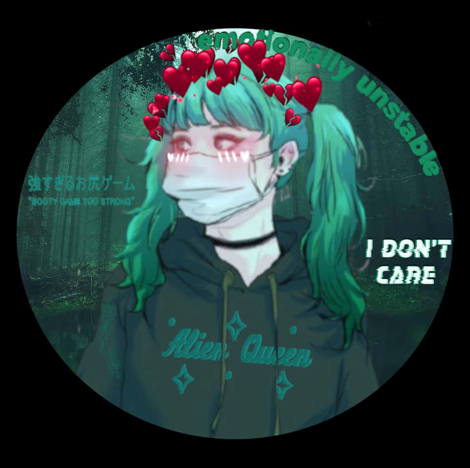 teal-haired anime girl, face mask, hearts floating above her head, SD Desktop Wallpaper