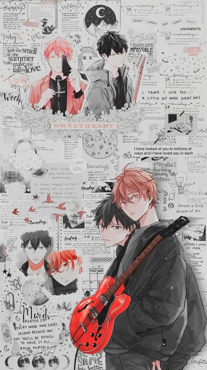 anime boys, red guitar, handwritten notes, HD Phone Wallpaper