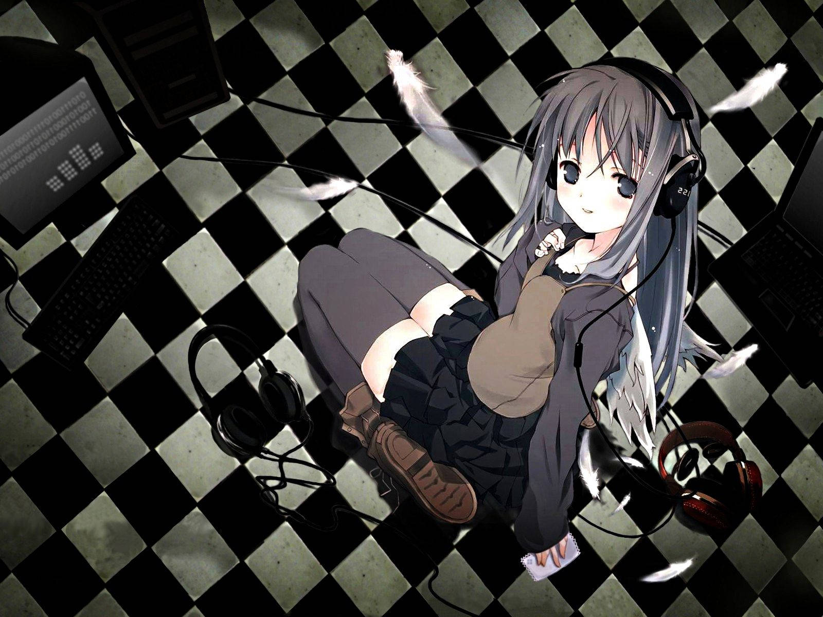 anime girl, gray hair, checkered floor, HD Desktop Wallpaper