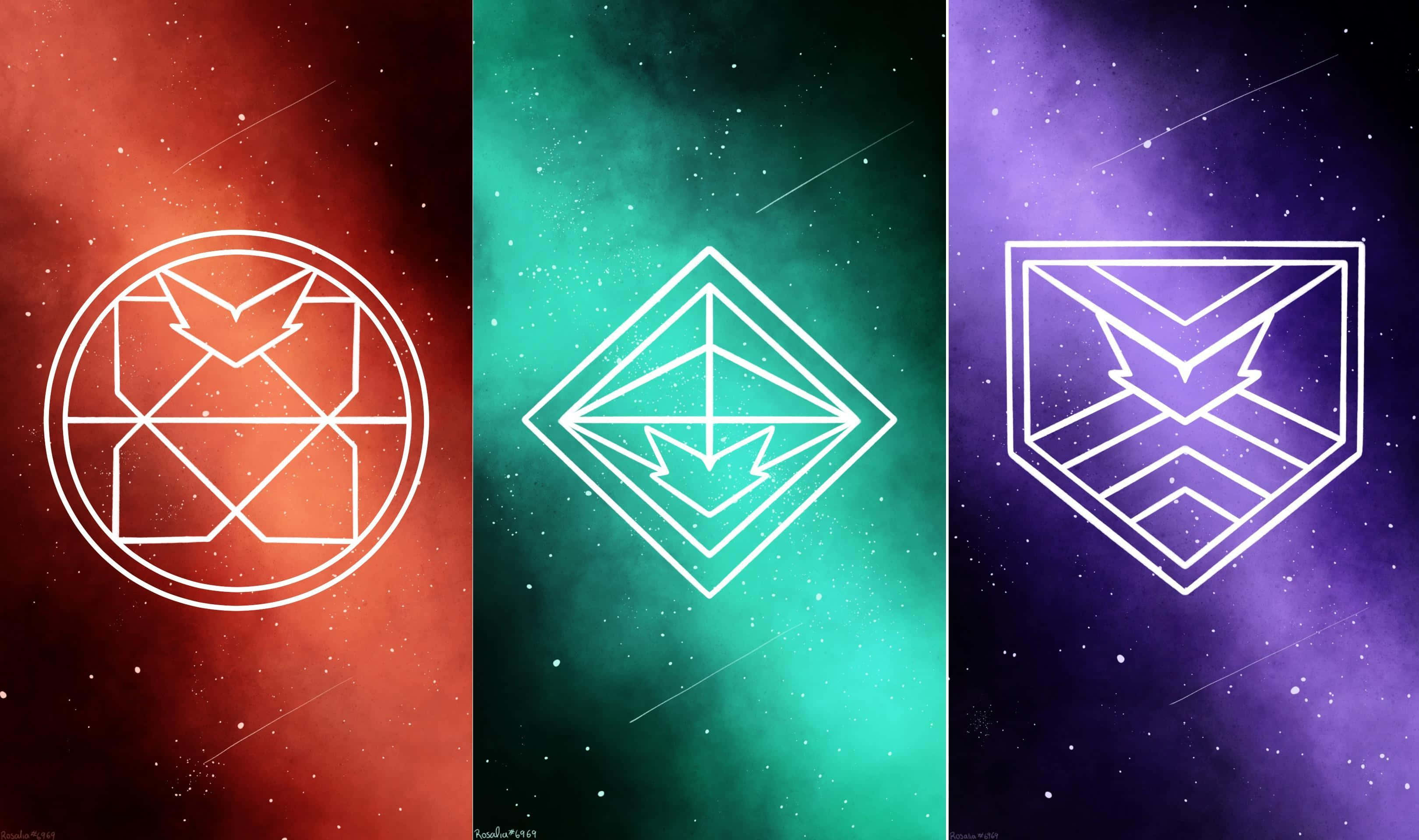 Cool Discord Hype Squad Houses, glowing geometric emblems, cosmic nebulae, 2K Desktop Wallpaper