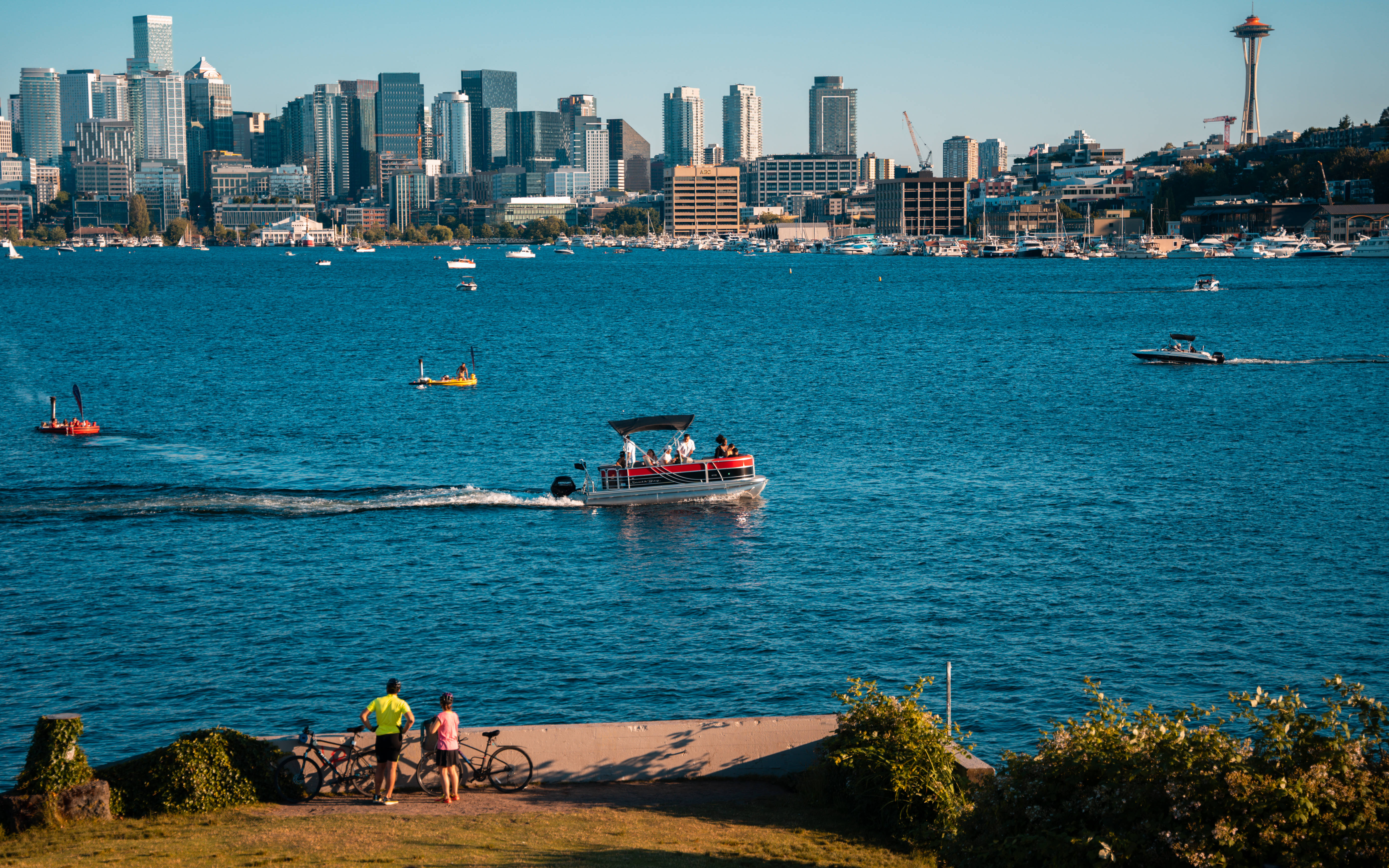 Discovery Park Seattle, Seattle skyline, vibrant blue bay, 5K Desktop Wallpaper