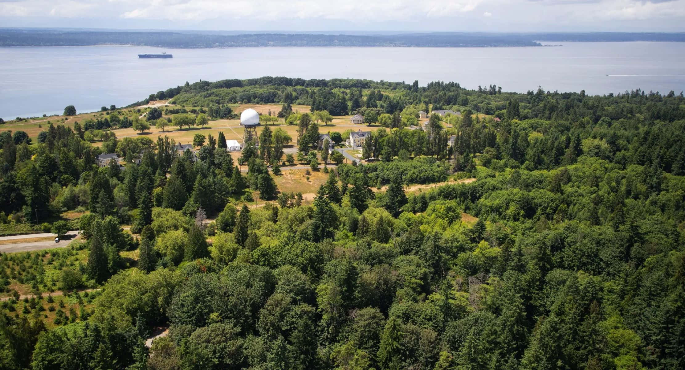 Discovery Park Seattle, forested coastal area, large white dome building, Full HD Desktop Wallpaper