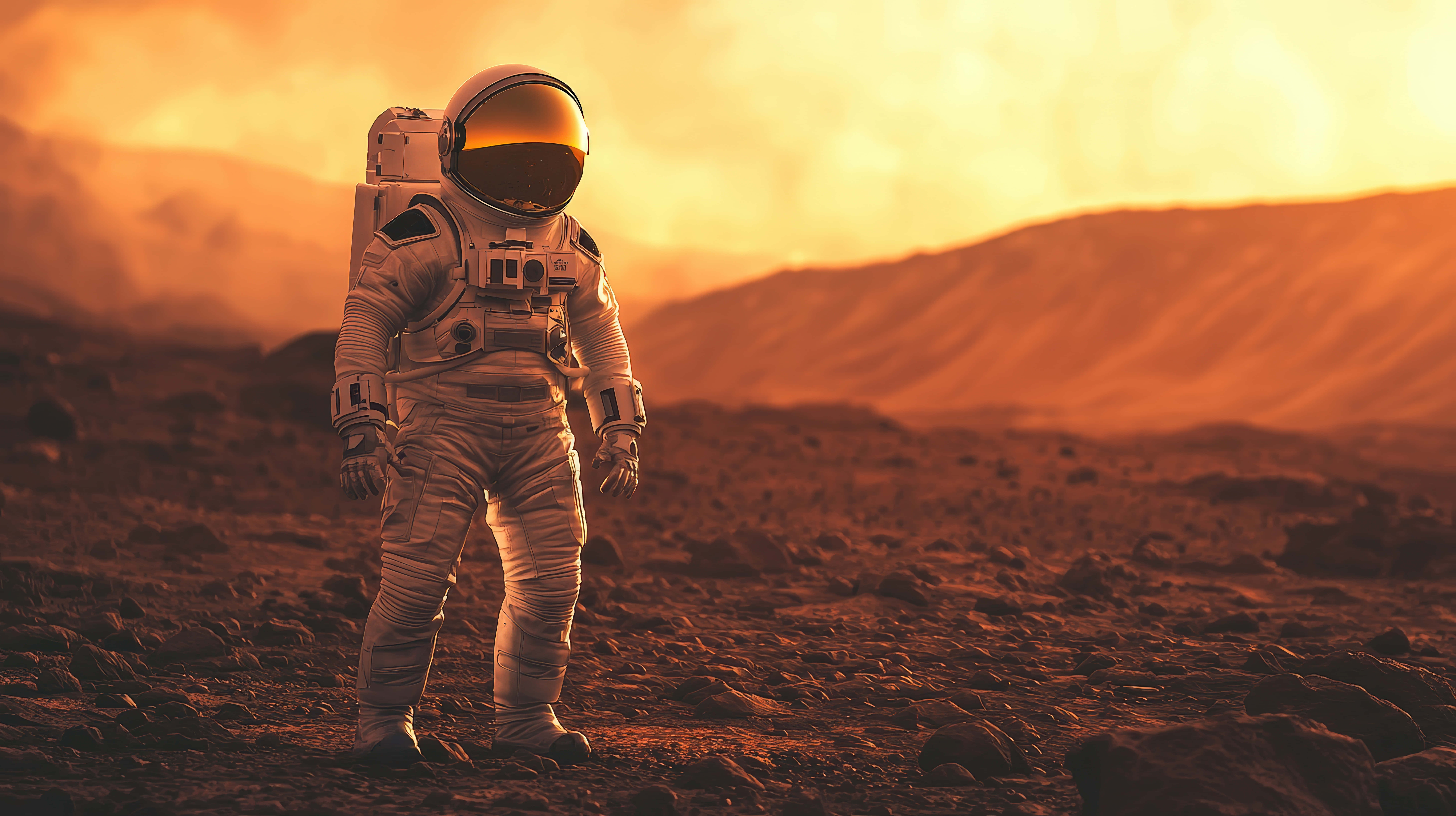 astronaut, white spacesuit, rocky orange planet, 8K Desktop Wallpaper