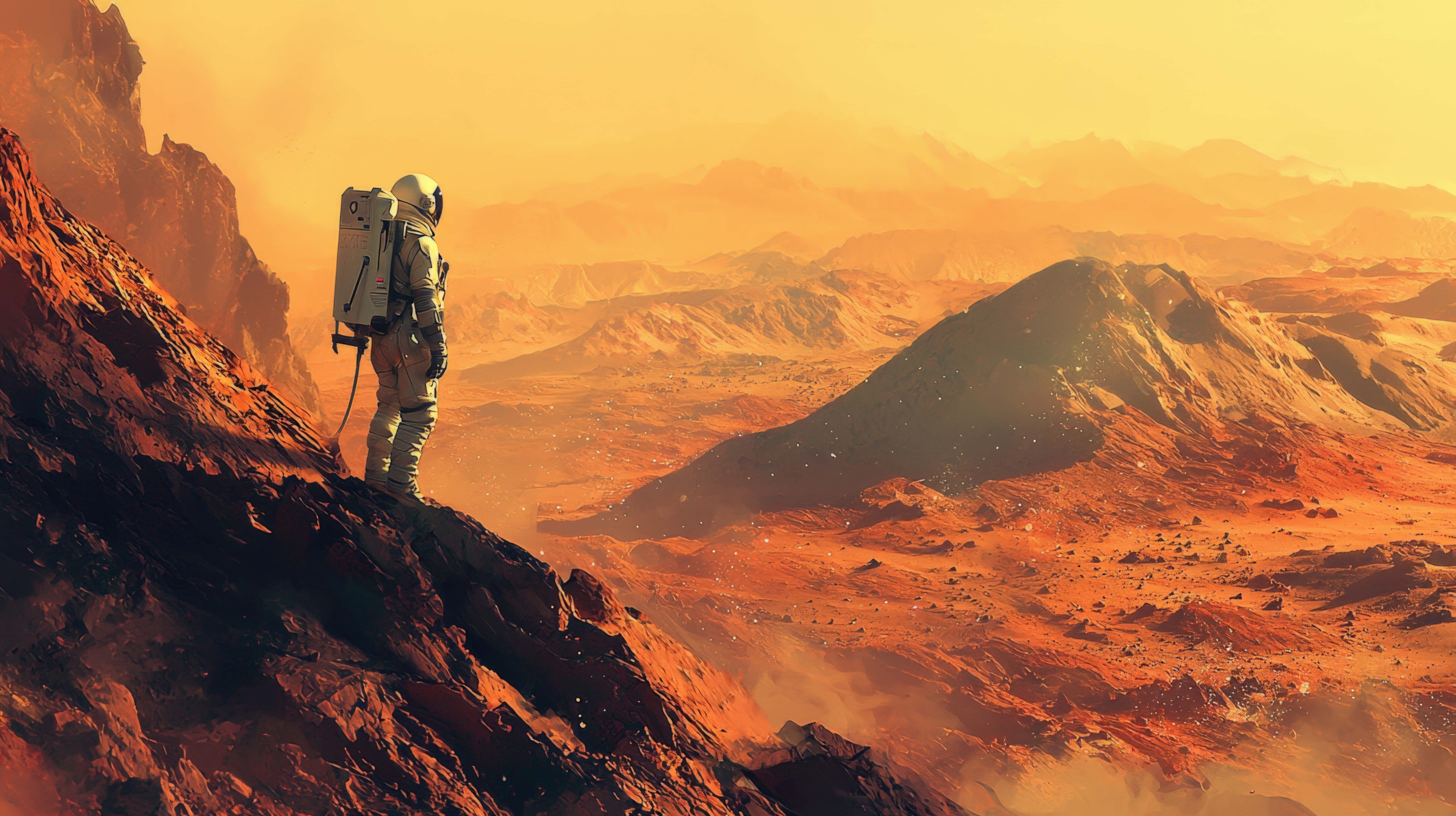 astronaut, white spacesuit, rugged red cliff, 8K Desktop Wallpaper