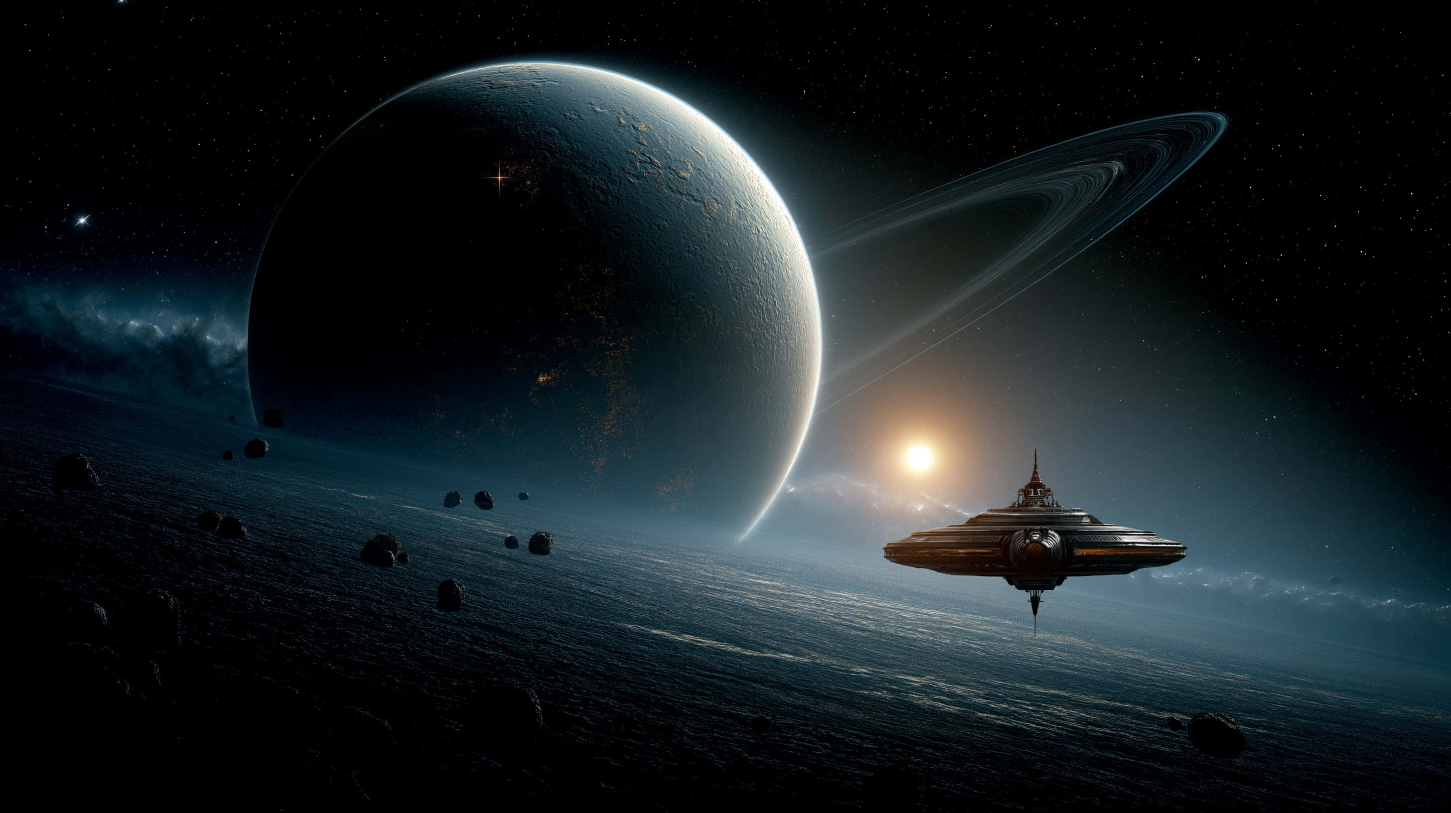 futuristic spaceship, starlit ocean, massive ringed planet, 2K Desktop Wallpaper