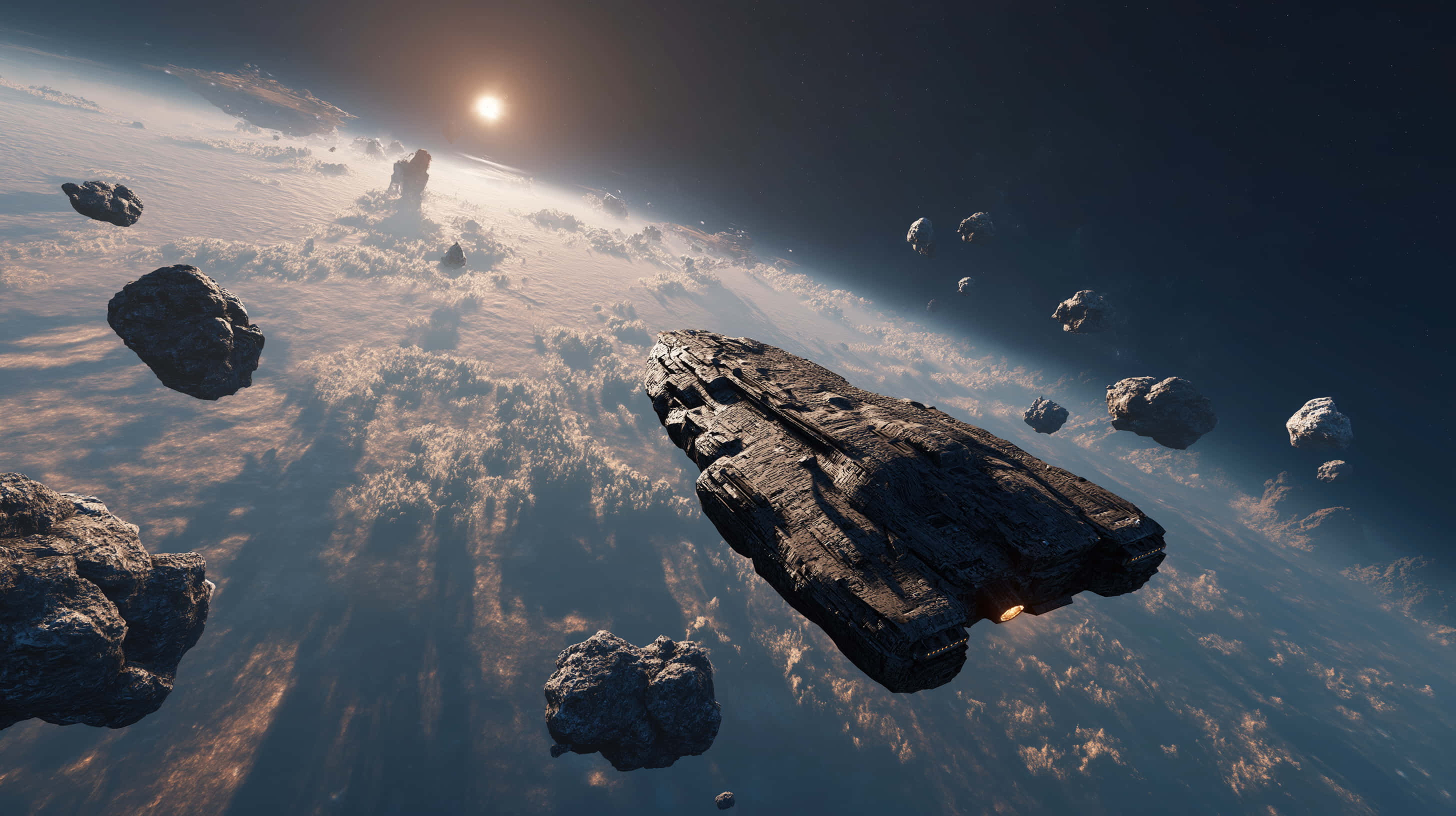 sci fi spaceship, asteroids, alien planet, 2K Desktop Wallpaper