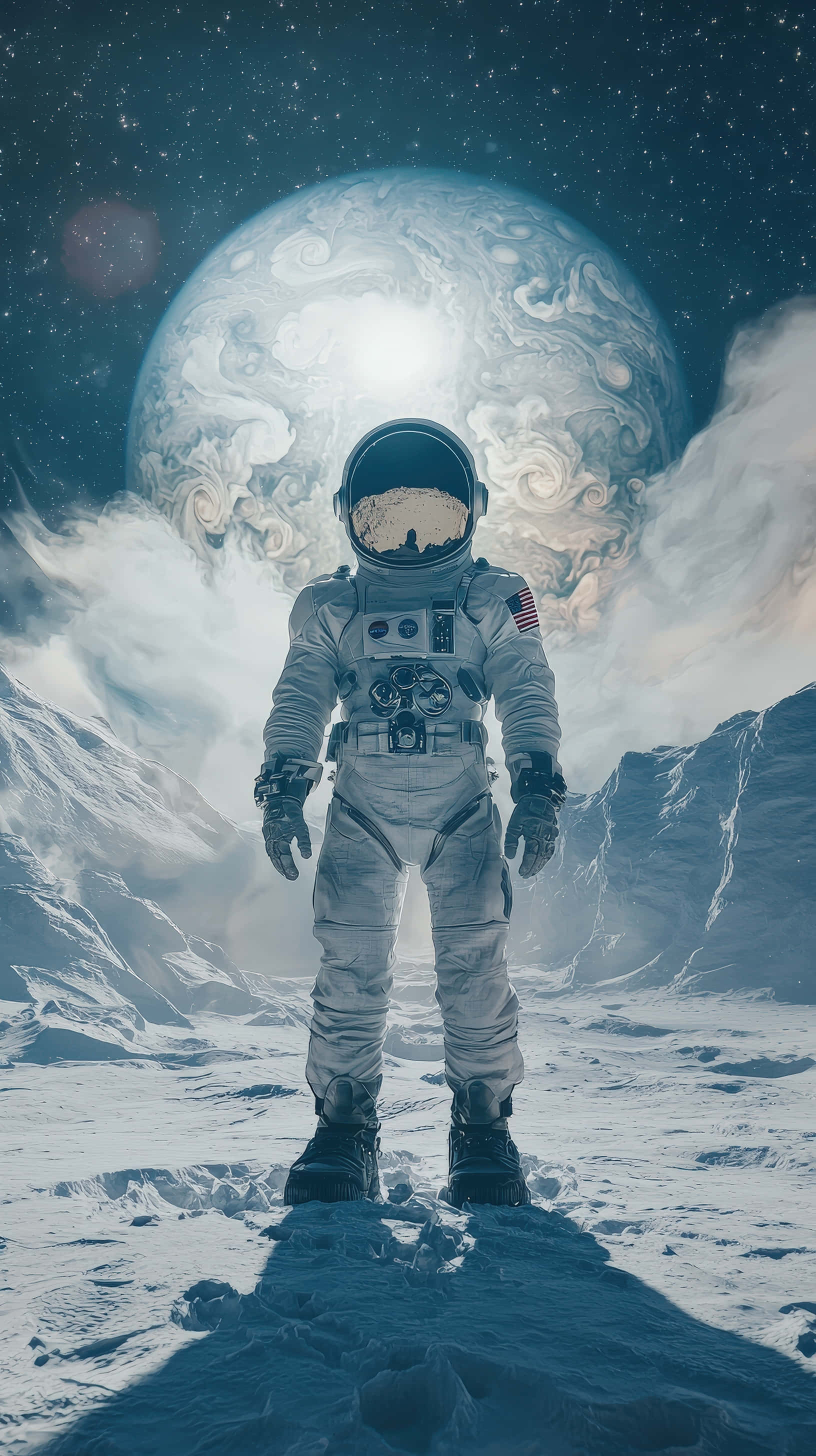 futuristic spacesuit, frozen alien landscape, towering ice, 2K Phone Wallpaper