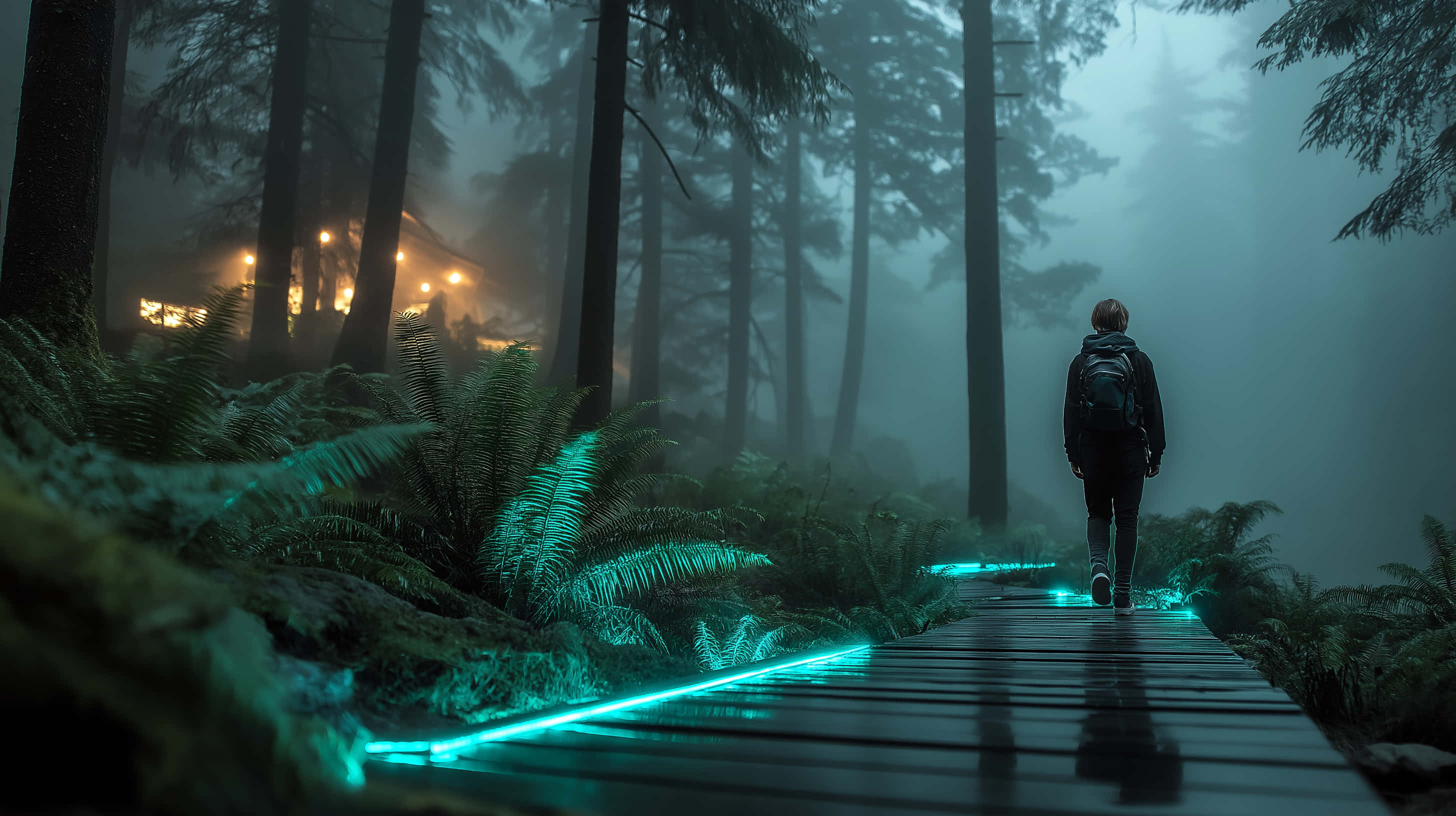 electroluminescent path, mystical wood, glowing teal boardwalk, 2K Desktop Wallpaper
