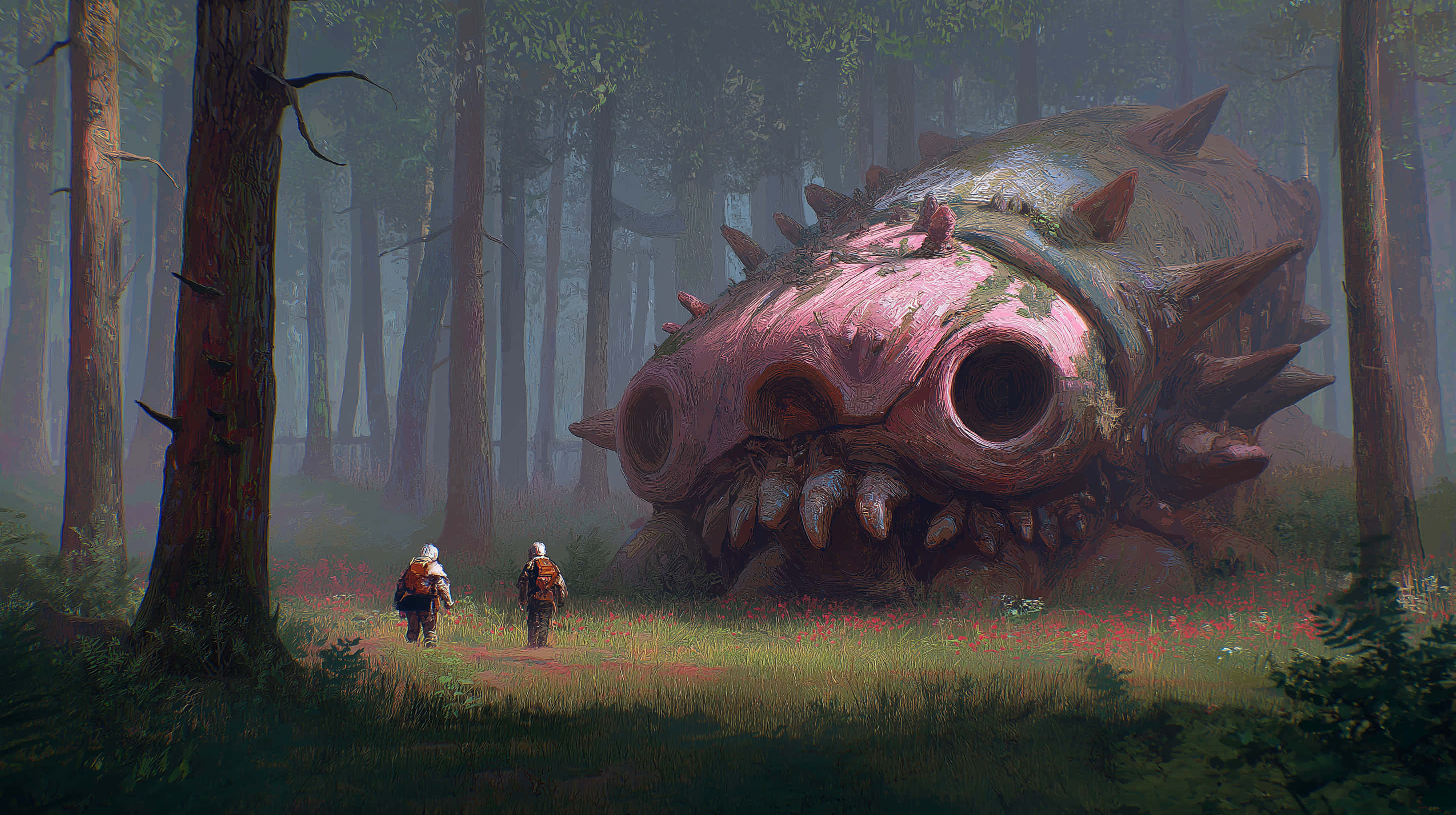 gigantic ancient forest creature, mossy, spiked pink and gray dragon skull, 2K Desktop Wallpaper