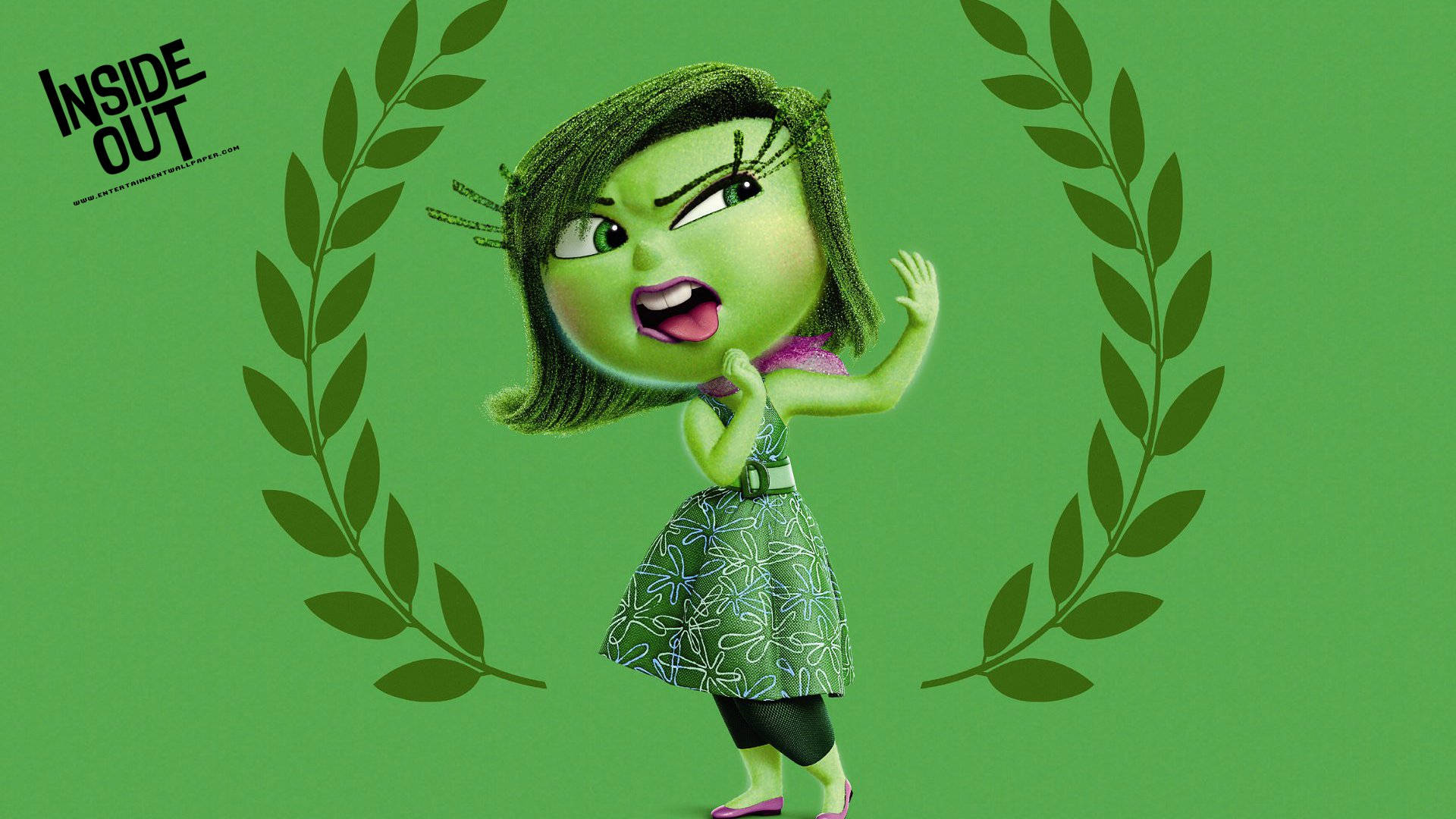 Disgust Inside Out, circular leaf, green character, Full HD Desktop Wallpaper