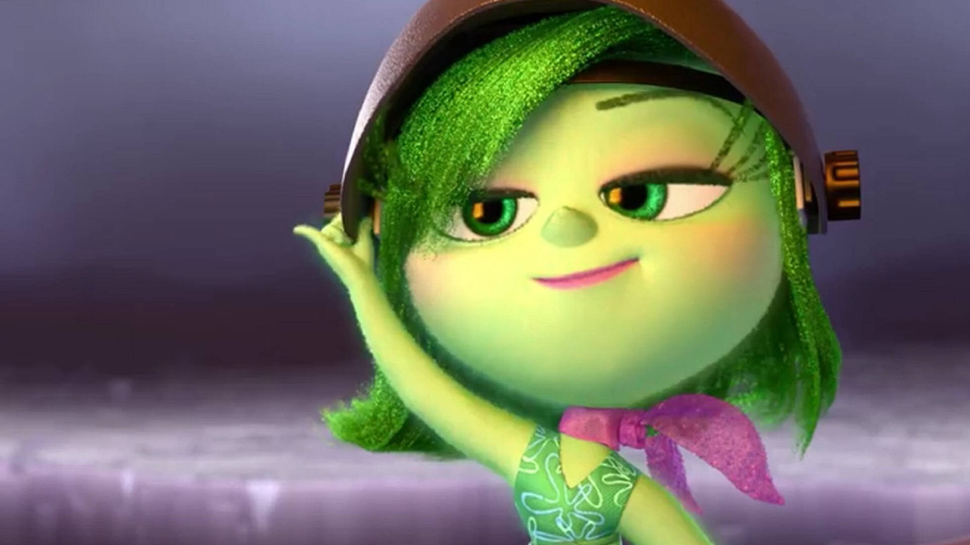 Disgust Inside Out, green-haired animated girl, headphones, Full HD Desktop Wallpaper