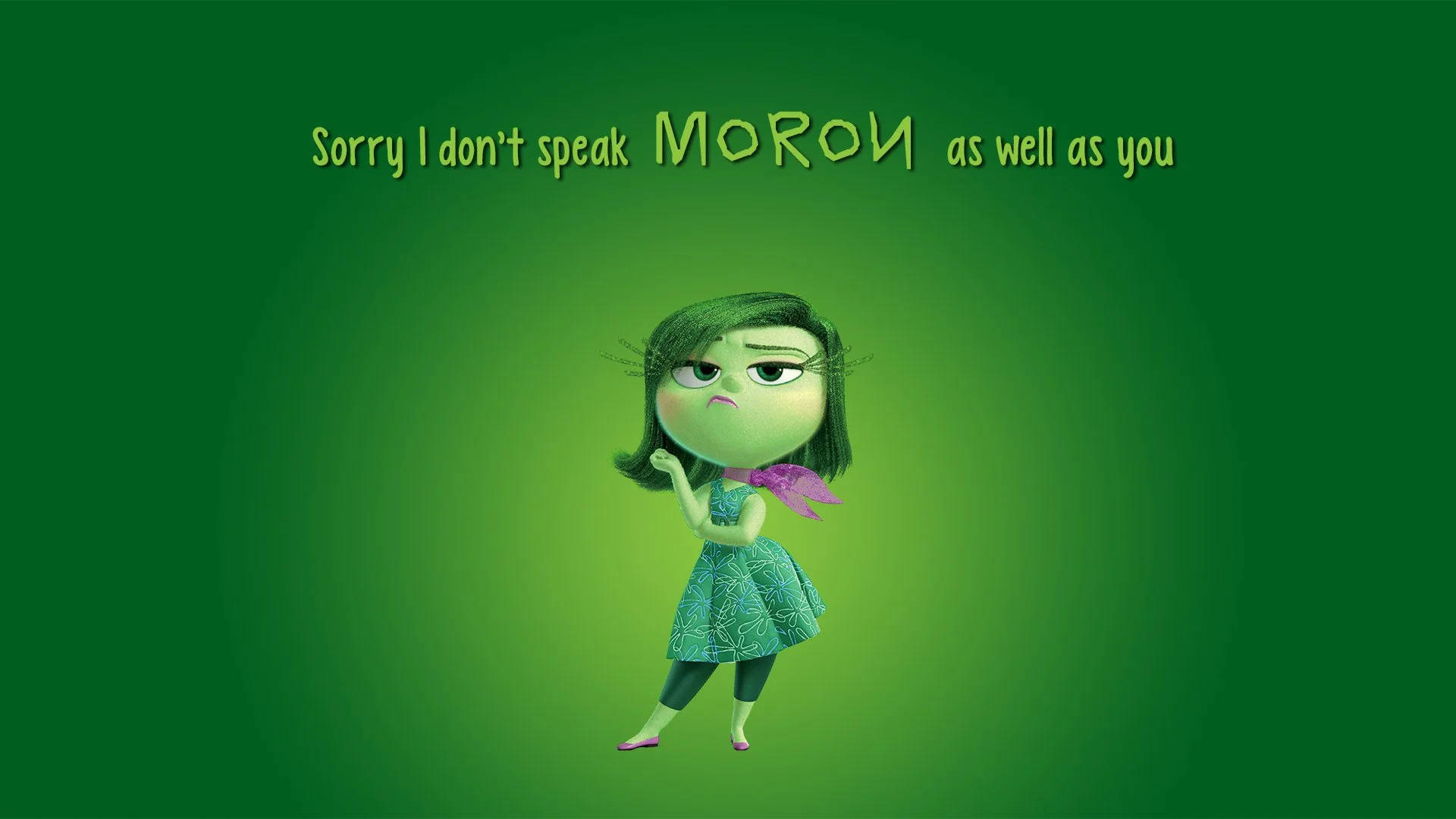 Disgust Inside Out, green-skinned girl, smug expression, Full HD Desktop Wallpaper