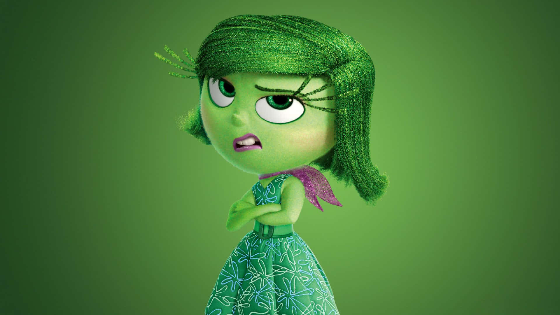 Disgust, green-skinned, glittery green hair, Full HD Desktop Wallpaper