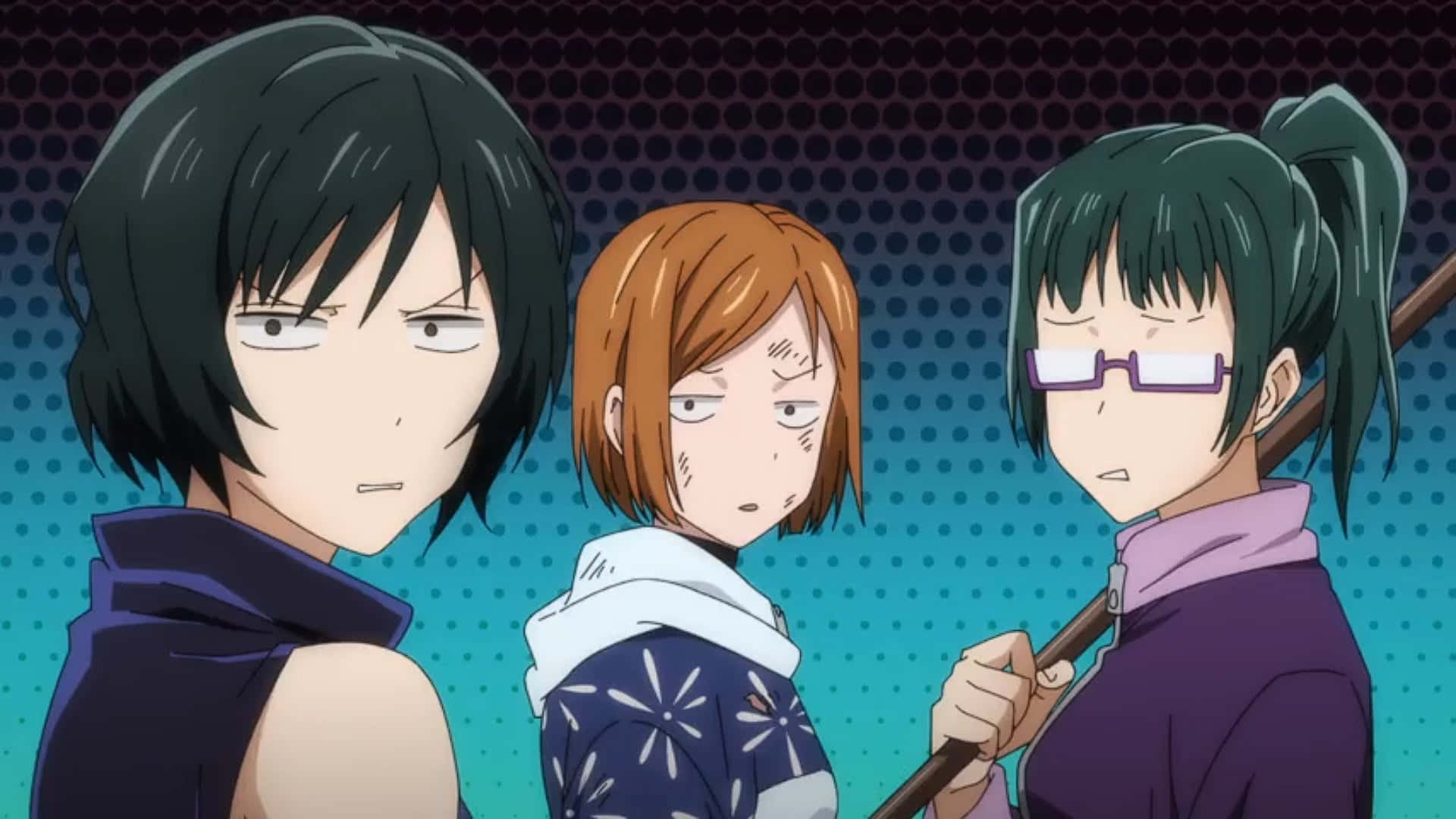 animated trio, disgusted expression, teal and purple dotted background, Full HD Desktop Wallpaper