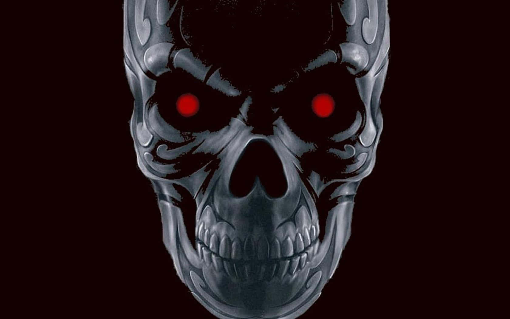 intimidating skull, glowing red eyes, metallic skull, HD Desktop Wallpaper