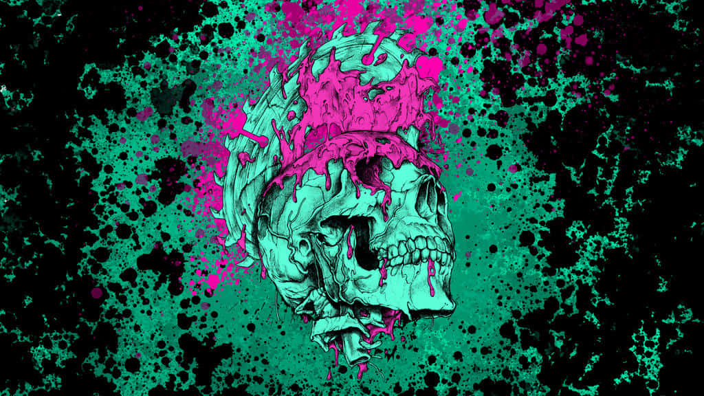 melting skull, teal skull, pink paint drips, SD Desktop Wallpaper
