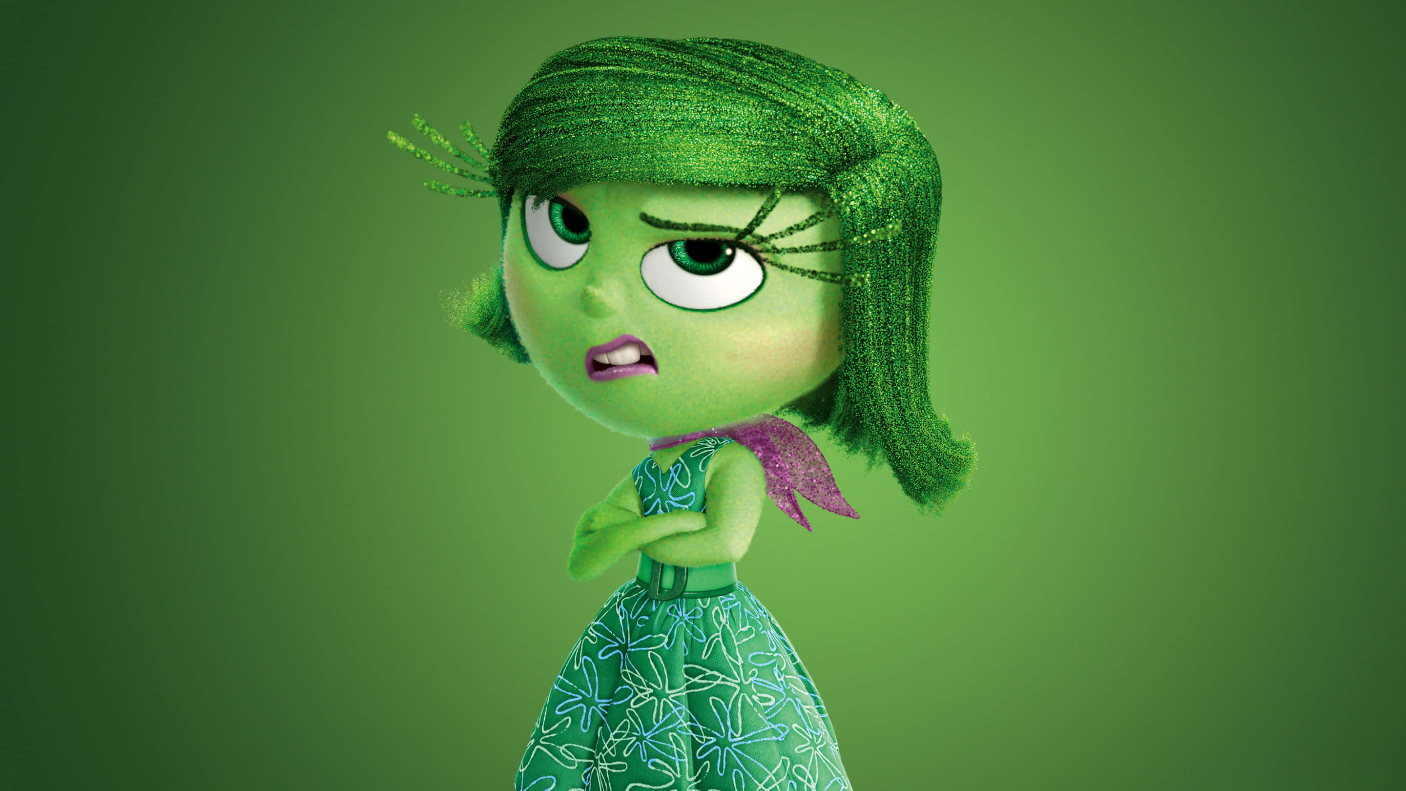 Disgust, green-skinned, glittery green hair, 2K Desktop Wallpaper