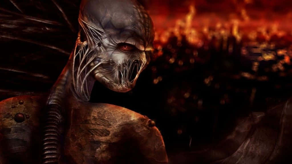 apocalyptic alien warrior, glowing red eyes, dark wings, SD Desktop Wallpaper