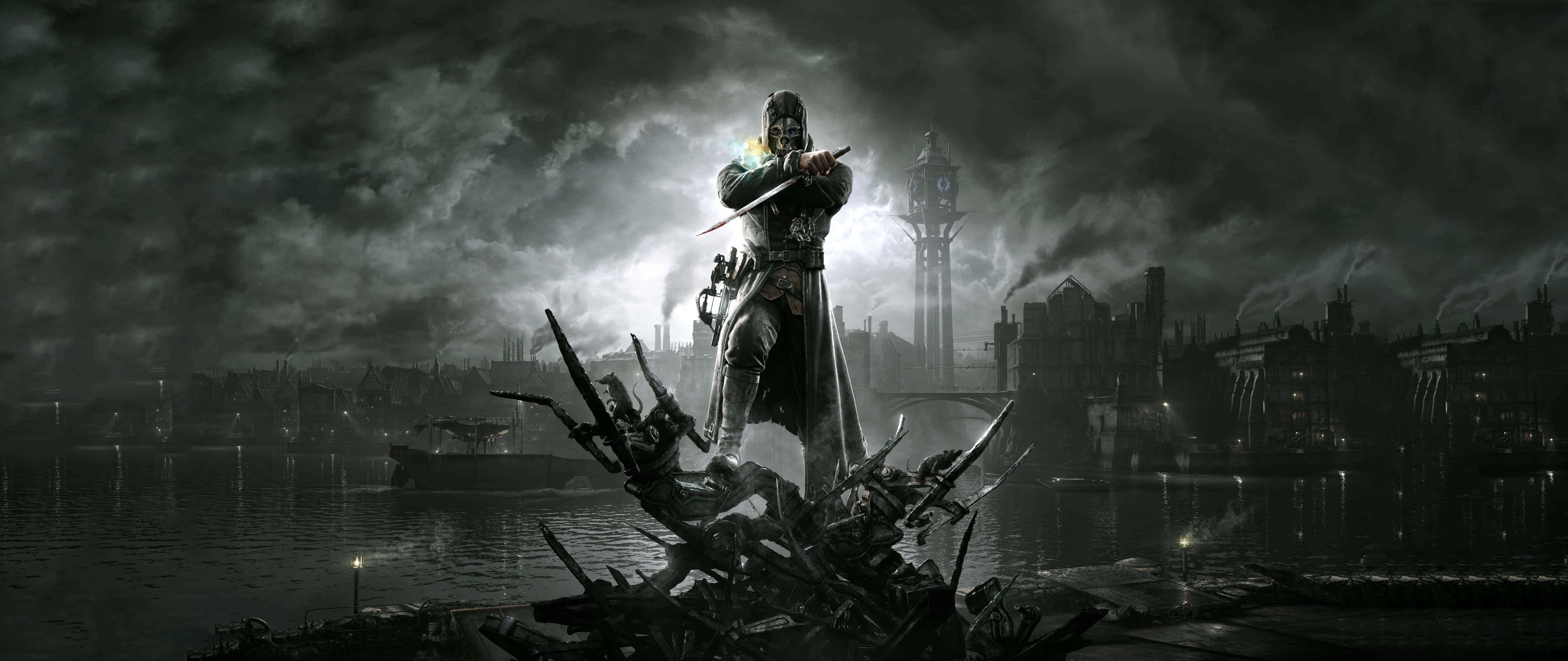 Dishonored, ultra wide gaming, glowing sword, 5K Desktop Wallpaper