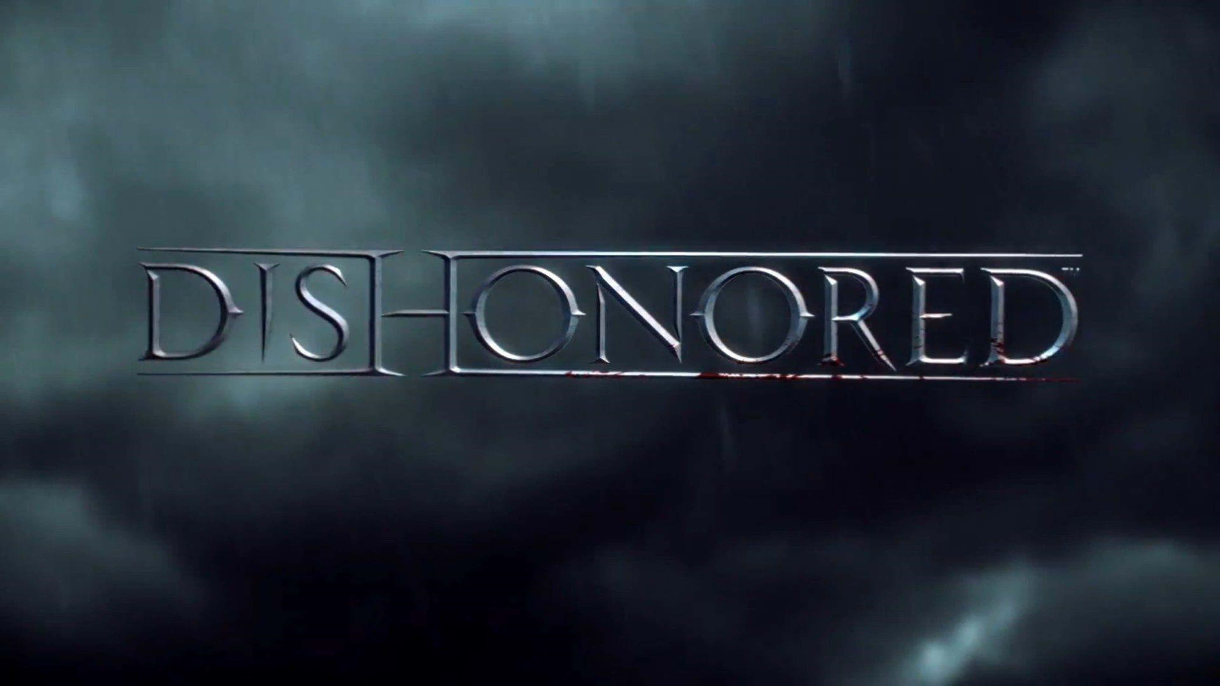 Dishonored, metallic letters, dark stormy sky, 4K Desktop Wallpaper