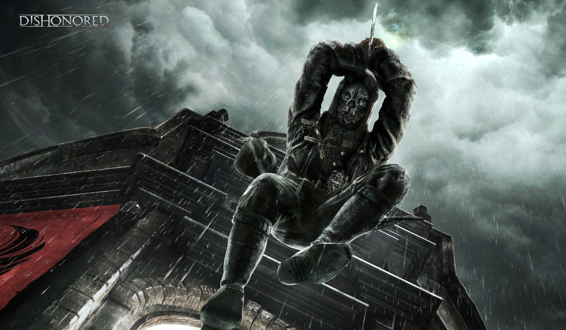 Dishonored, masked assassin, rain-soaked urban ruin, Full HD Desktop Wallpaper