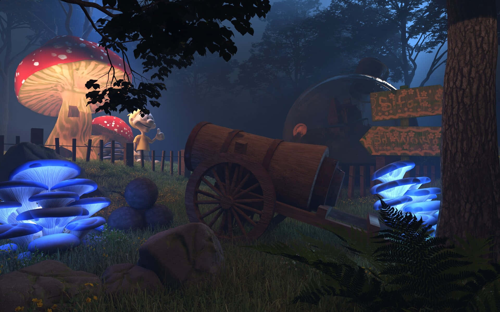 Disney 3d Movies, whimsical forest scene, glowing blue mushrooms, Full HD Desktop Wallpaper