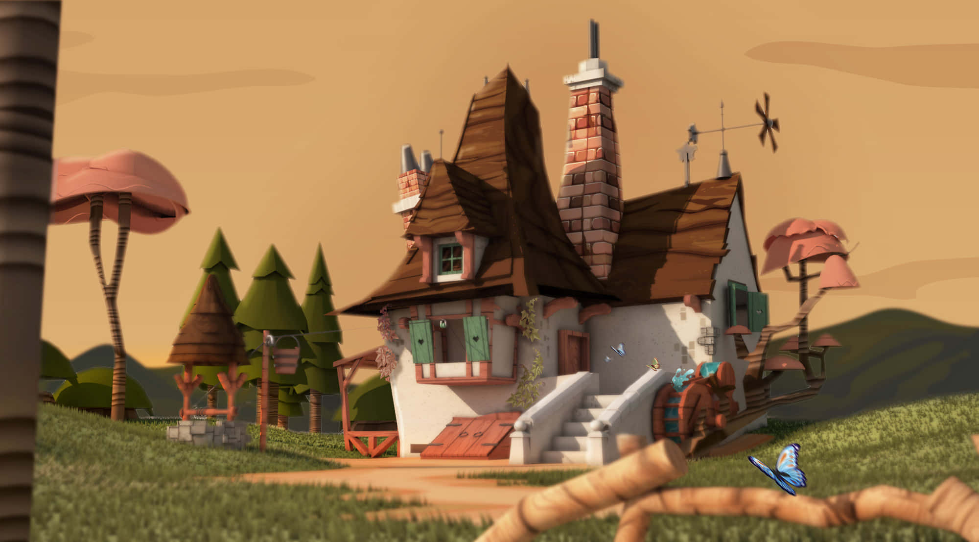 Disney 3d Movies, whimsical cartoon cottage, waterwheel, Full HD Desktop Wallpaper