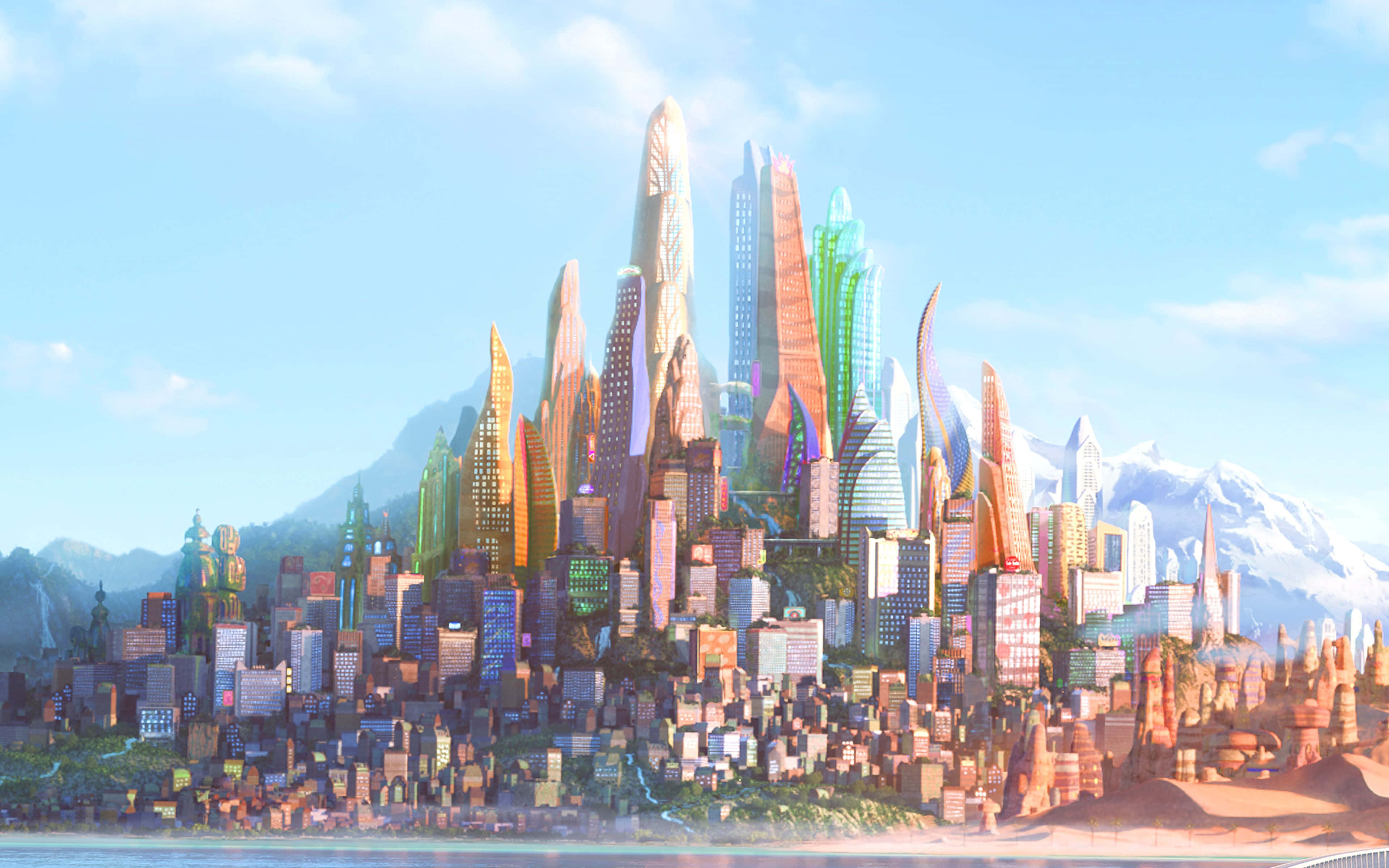 Disney 4K, rainbow-hued skyscrapers, coastal plain, 4K Desktop Wallpaper