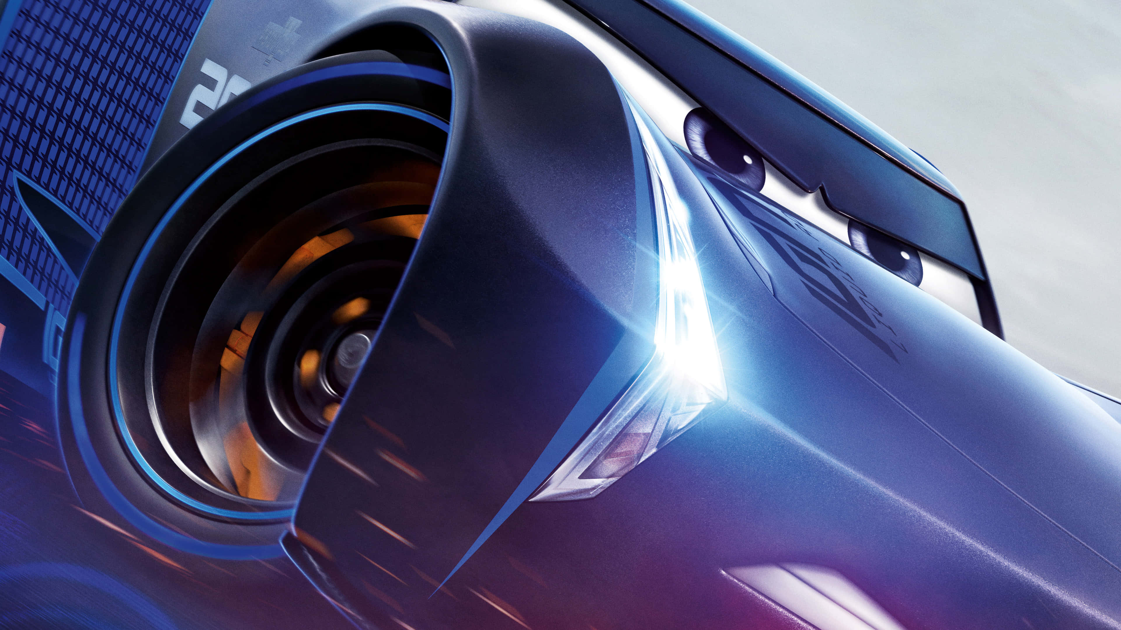 Disney 4K, sleek blue animated race car, glowing headlights, 4K Desktop Wallpaper