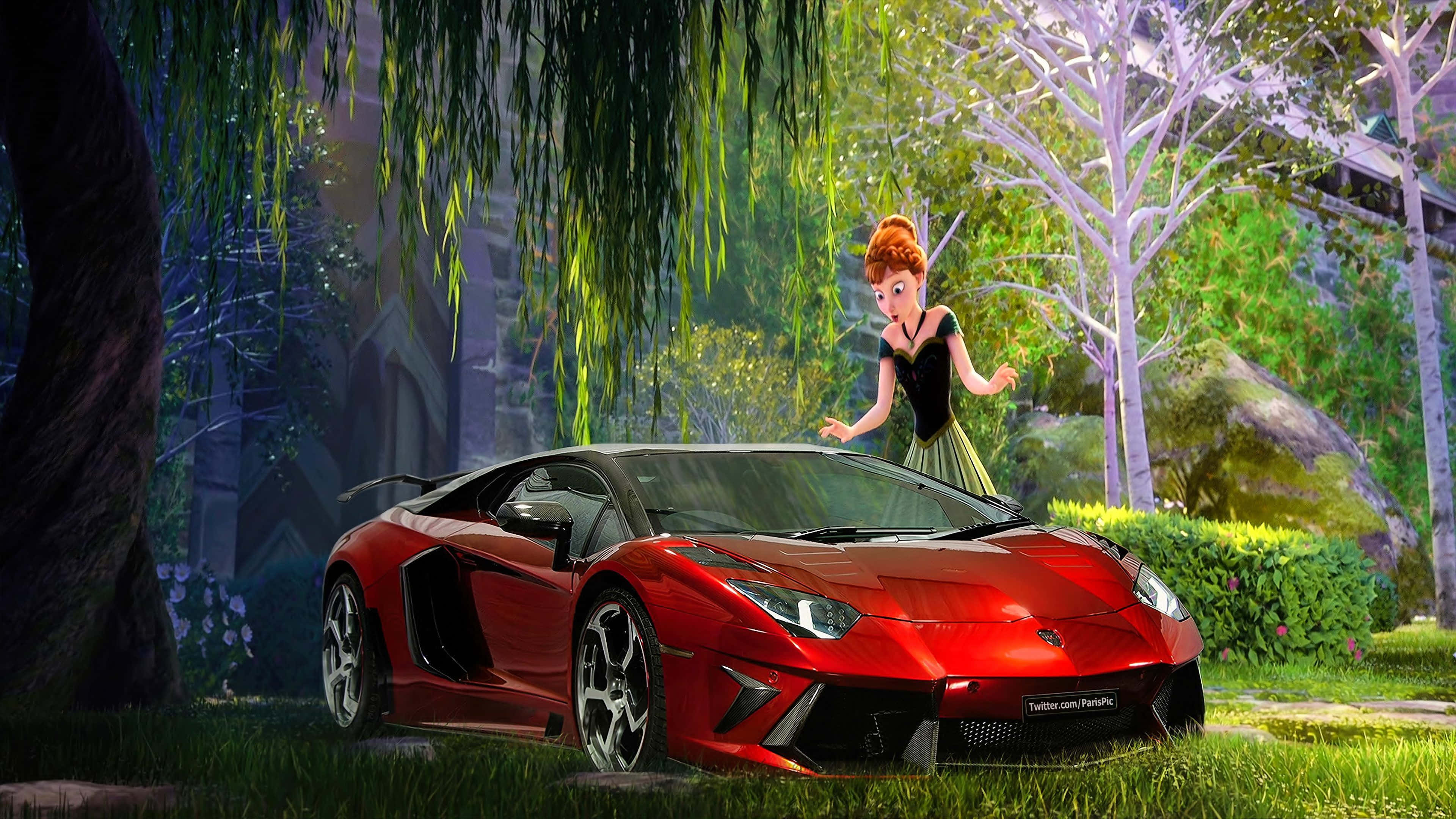 Disney 4K, red Lamborghini Aventador, lush forest, 4K Desktop Wallpaper