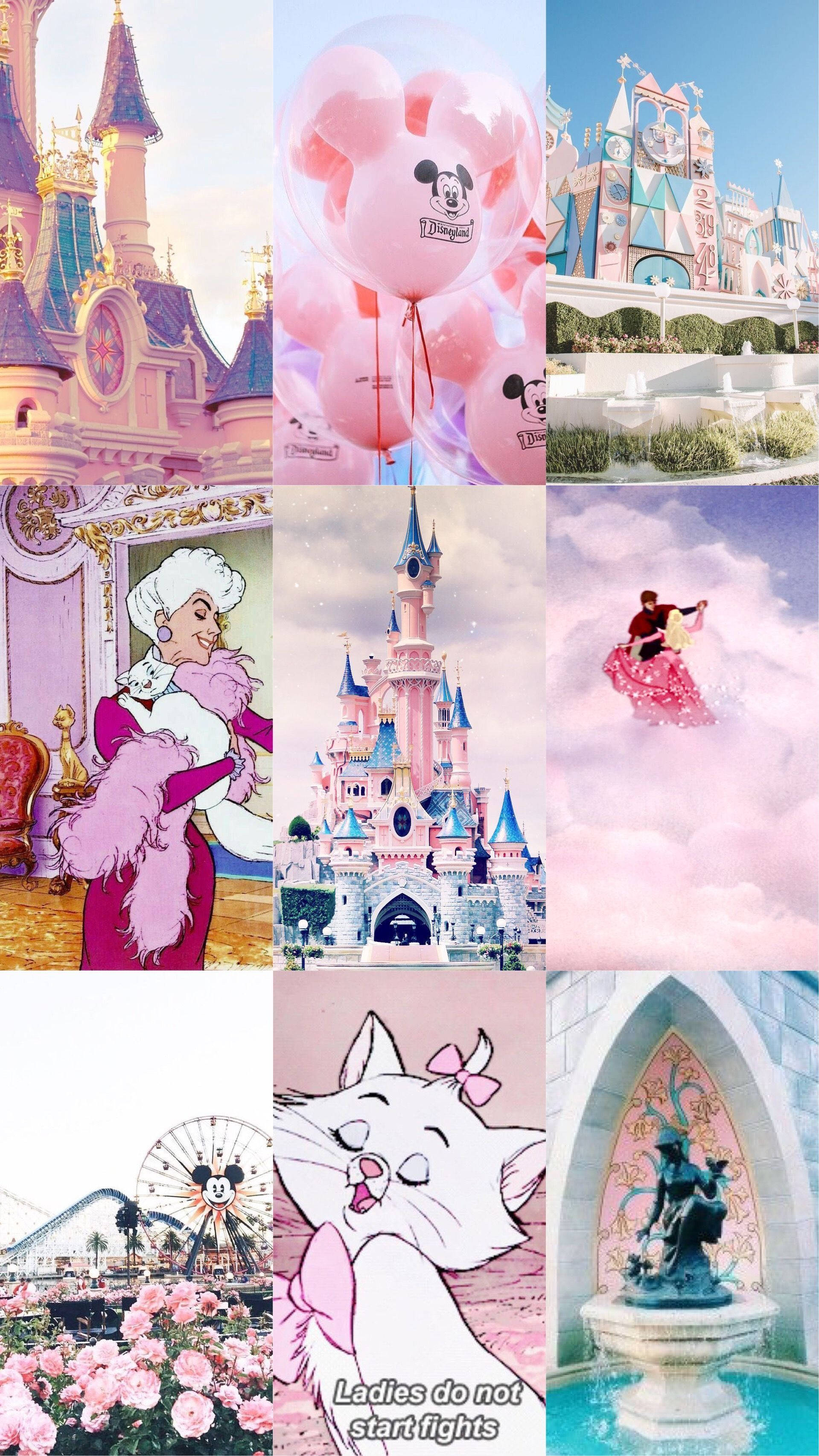 Disney, pink balloons, castle, 2K Phone Wallpaper