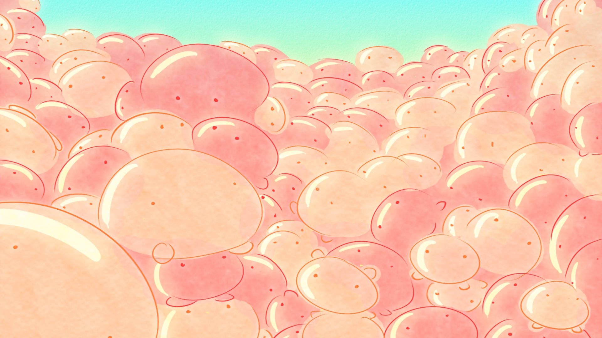 kawaii aesthetic computer, soft pink translucent bubbles, tiny faces, Full HD Desktop Wallpaper