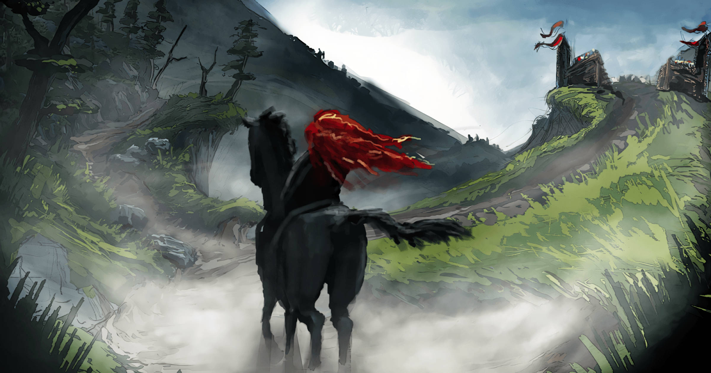 Disney Brave, black horse, flowing red cape, Full HD Desktop Wallpaper