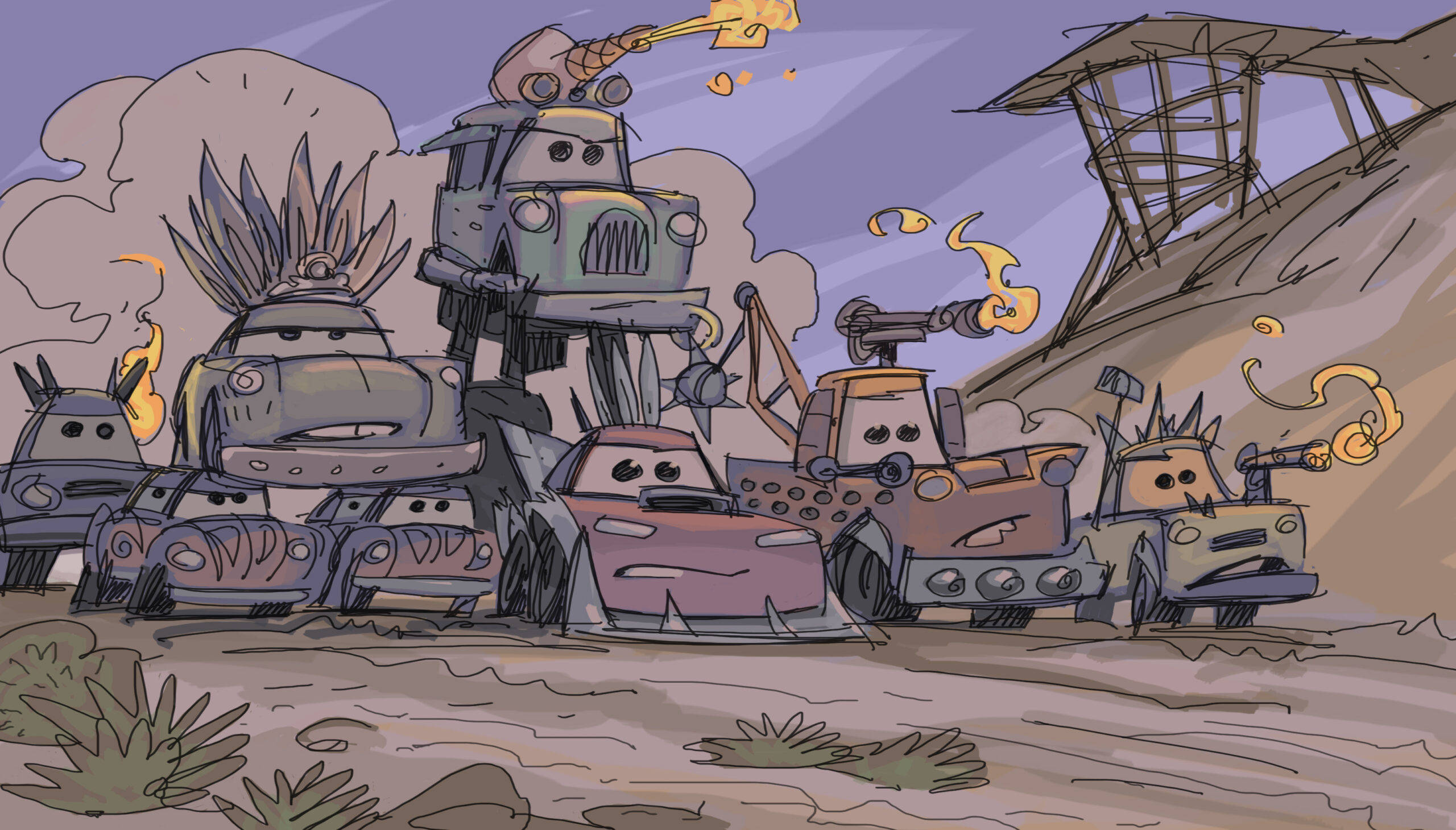 Disney Cars, flame sketch, angry faces, 2K Desktop Wallpaper