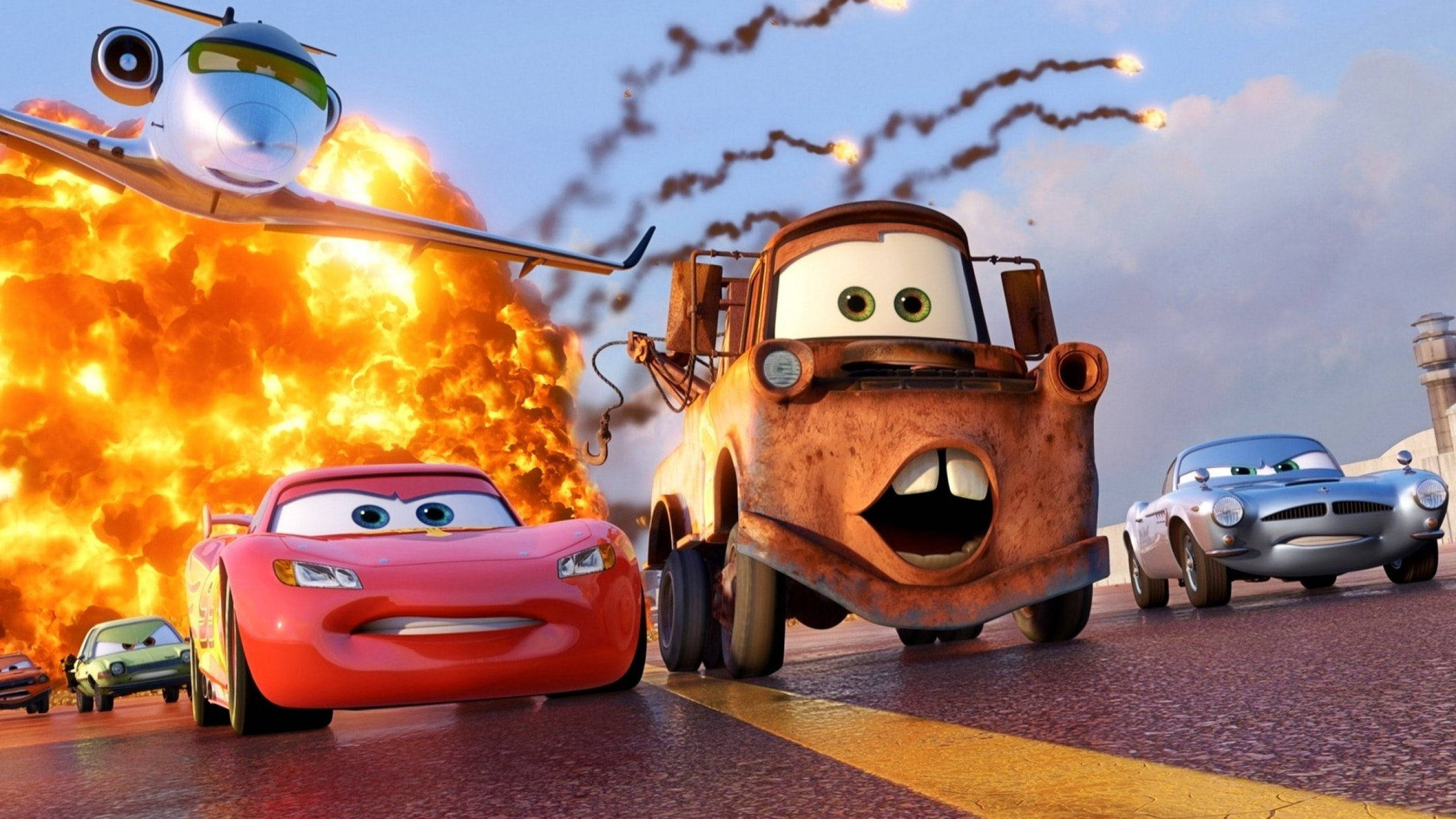 Disney Cars, wet road, plane, 2K Desktop Wallpaper