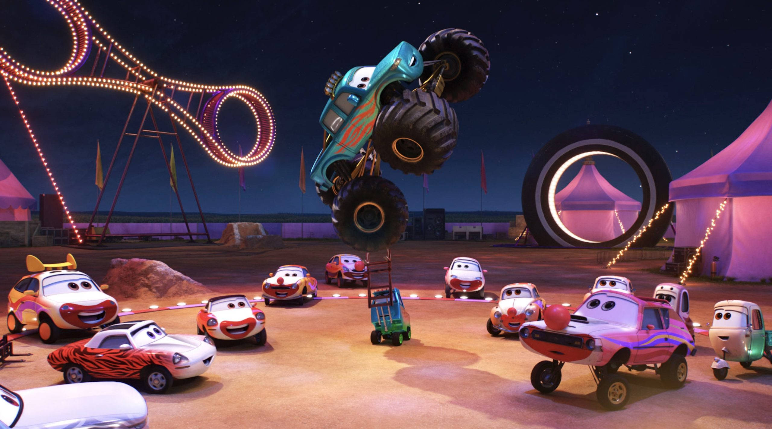Disney Cars, circus, teal monster truck, 2K Desktop Wallpaper